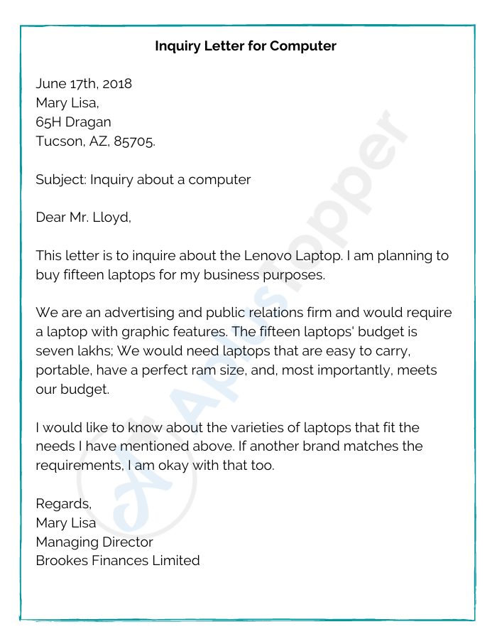 Inquiry Letter for Computer