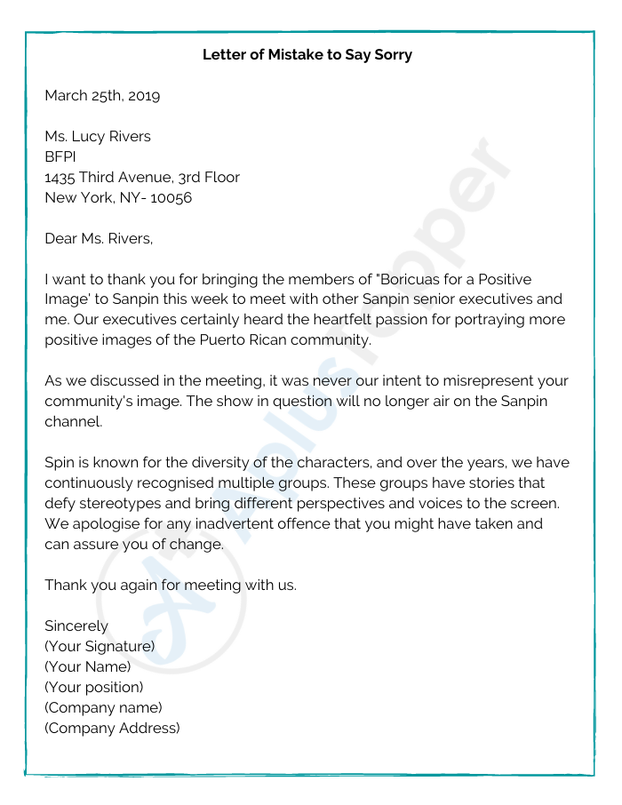 Letter of Mistake to Say Sorry