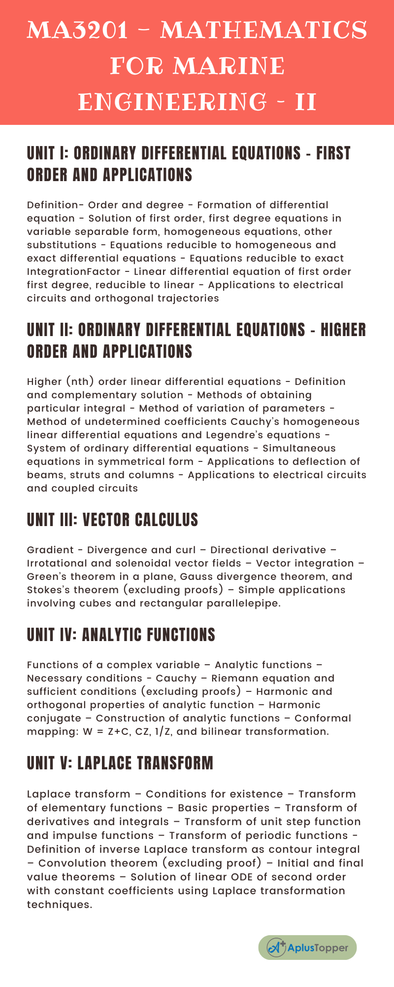 MA3201 - Mathematics For Marine Engineering – II Syllabus Regulation 2021 Anna University