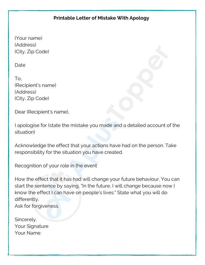 Printable Letter of Mistake With Apology