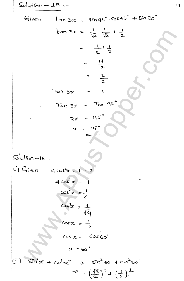 ML Aggarwal ICSE Solutions for Class 9 Maths Chapter 18 Trigonometric Ratios and Standard Angles Q1.18