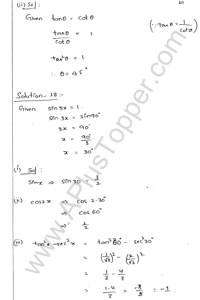 ML Aggarwal ICSE Solutions for Class 9 Maths Chapter 18 Trigonometric Ratios and Standard Angles Q1.20