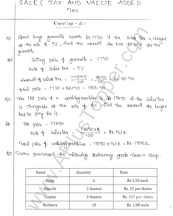 ML Aggarwal ICSE Solutions for Class 10 Maths Chapter 2 Sales Tax And Value Added Tax Q1.1