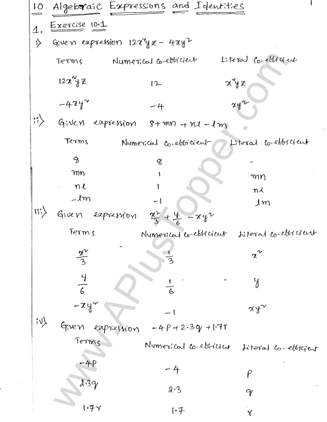 ML Aggarwal ICSE Solutions for Class 8 Maths Chapter 10 Algebraic Expressions and Identities 1