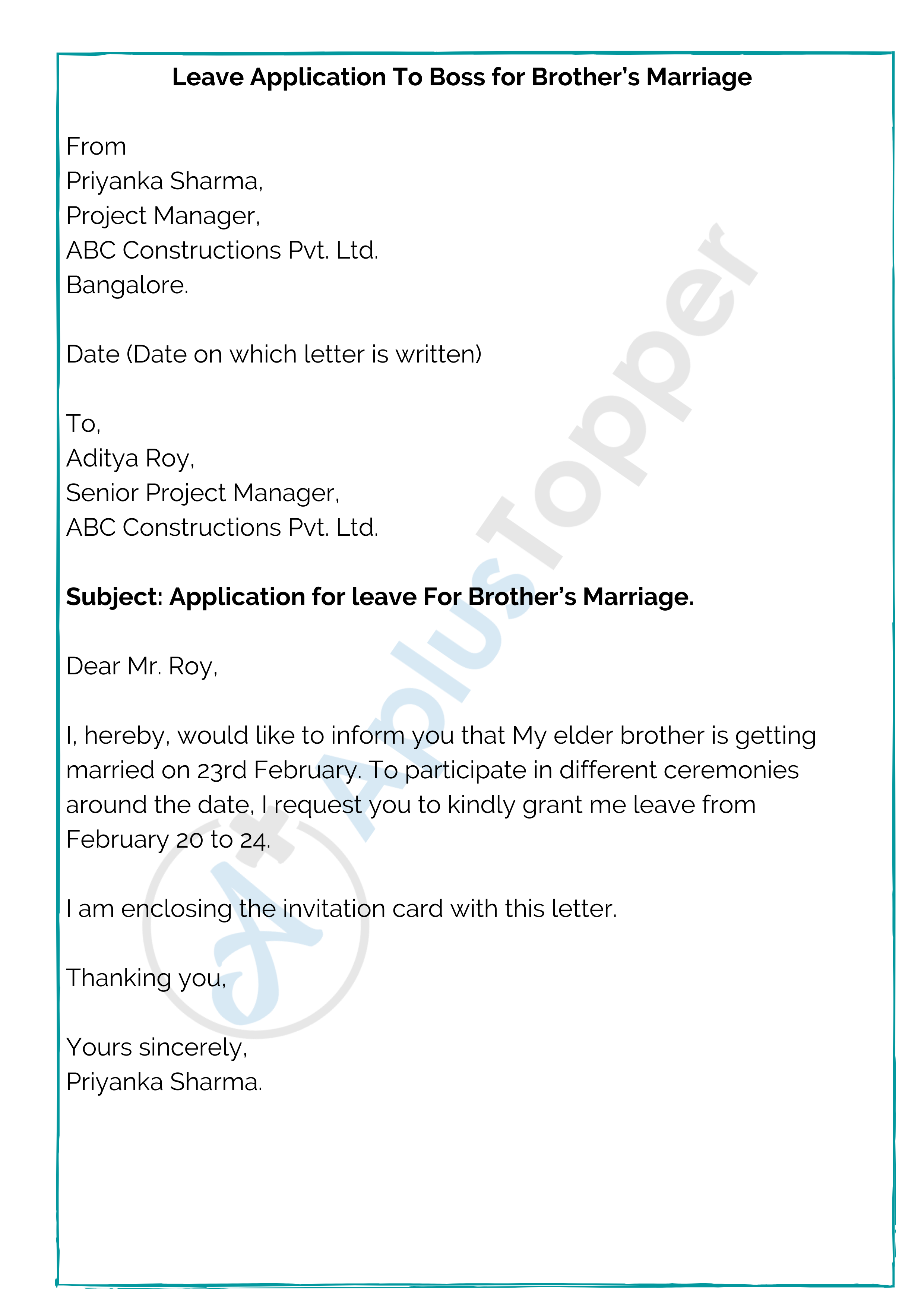 Leave Application To Boss for Brother’s Marriage