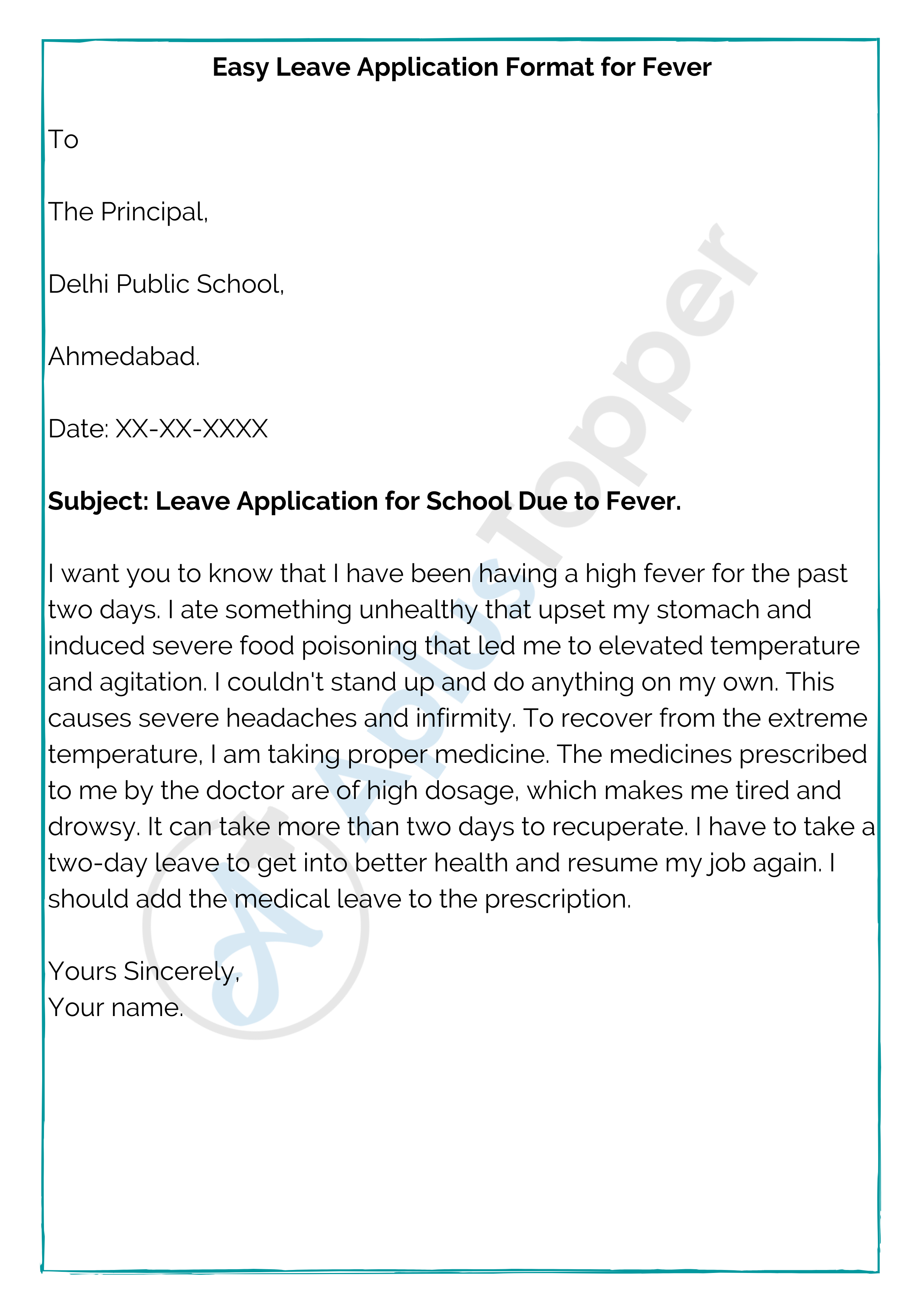 leave application letter for school due to fever by parents