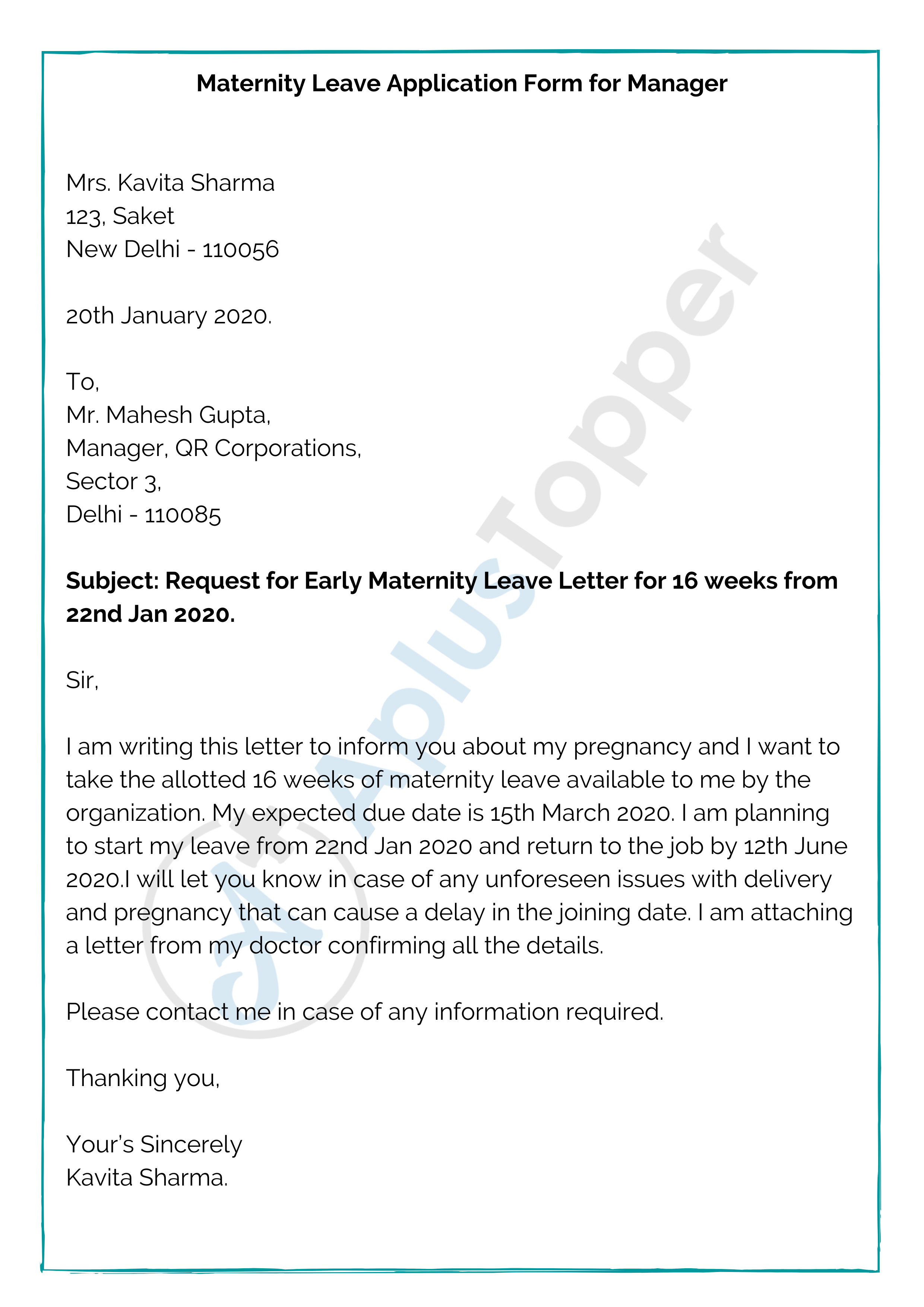 Maternity Leave Application Form for Manager