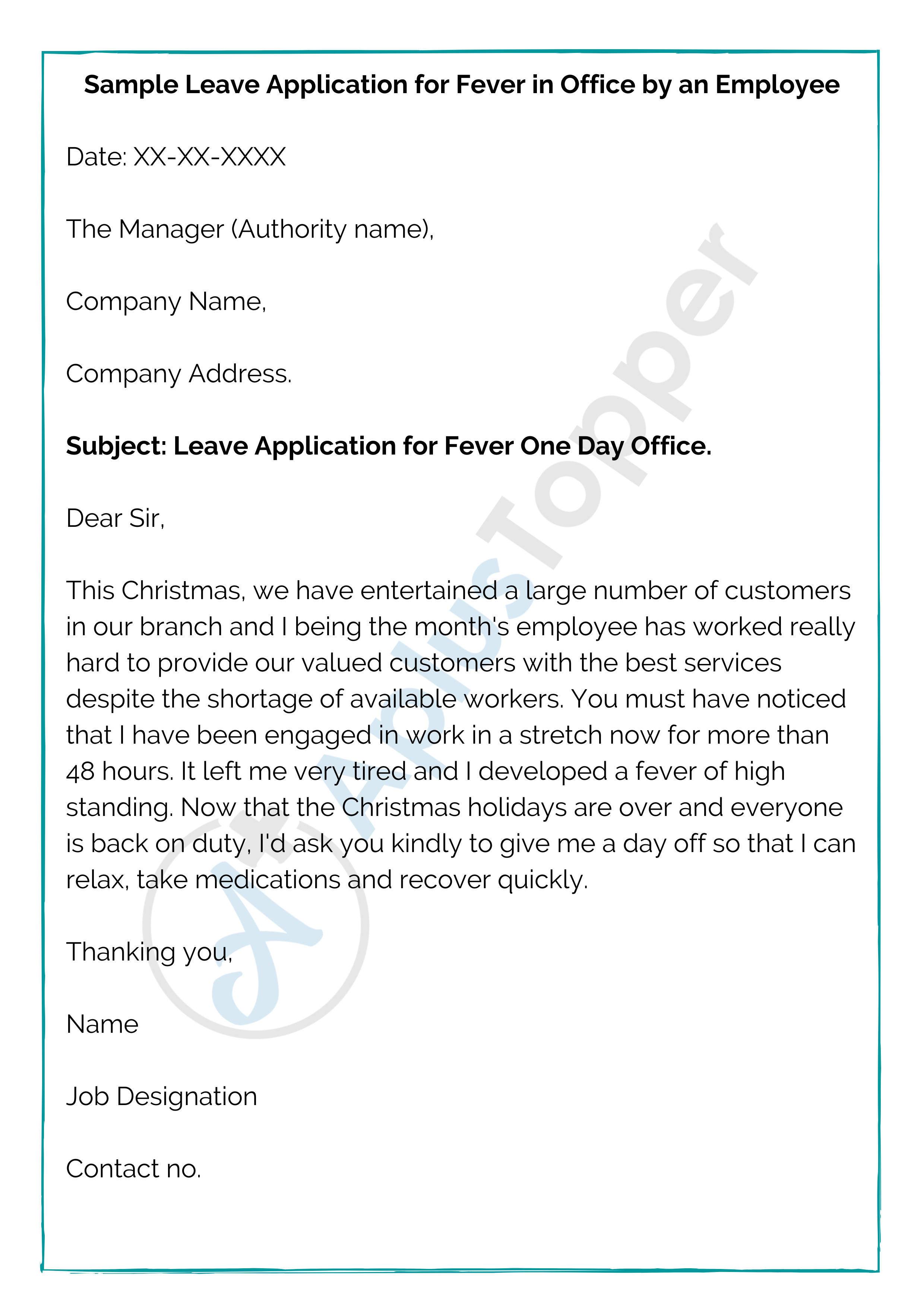 Sample Leave Application for Fever in Office by an Employee