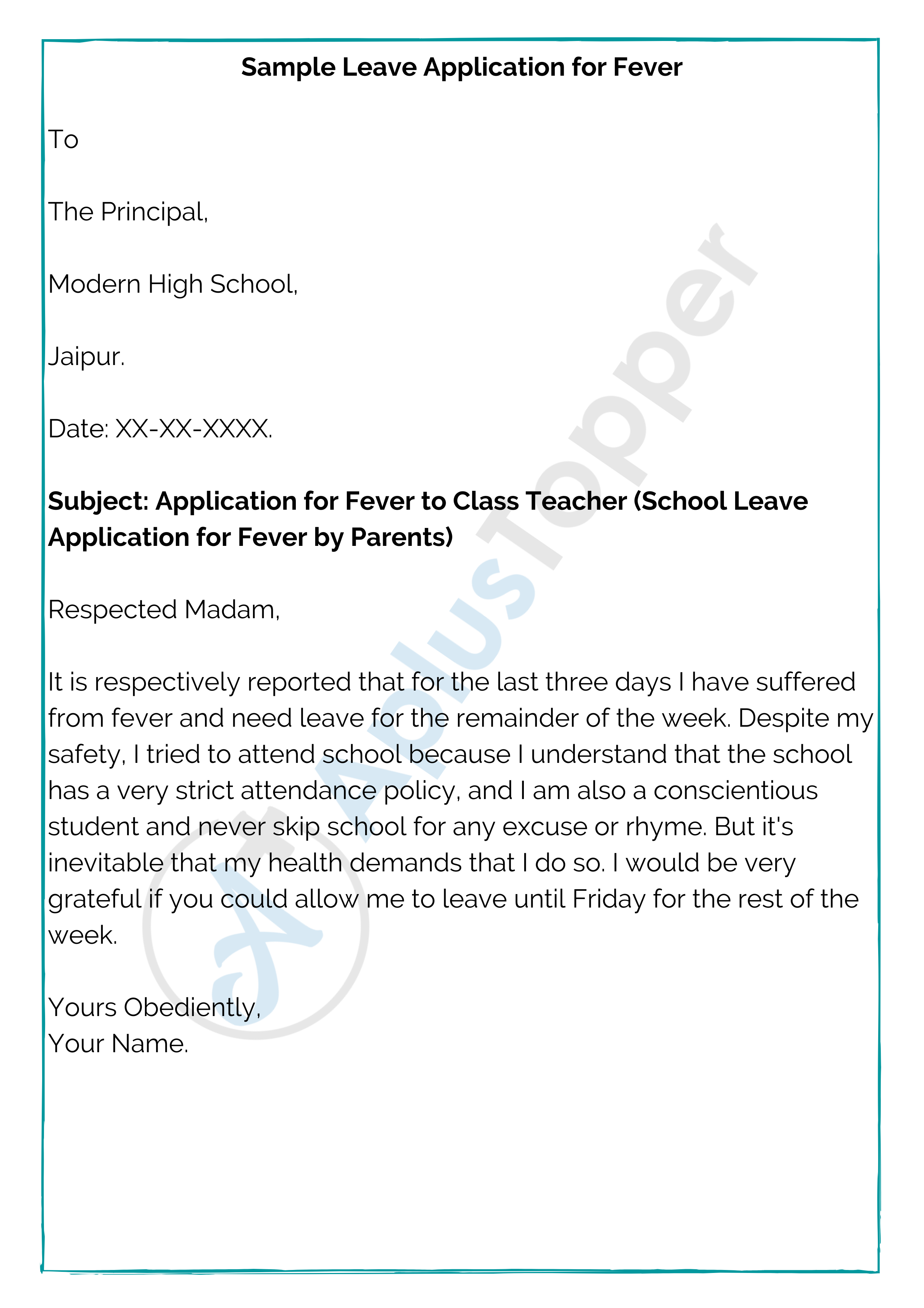 leave application letter for school due to fever by parents