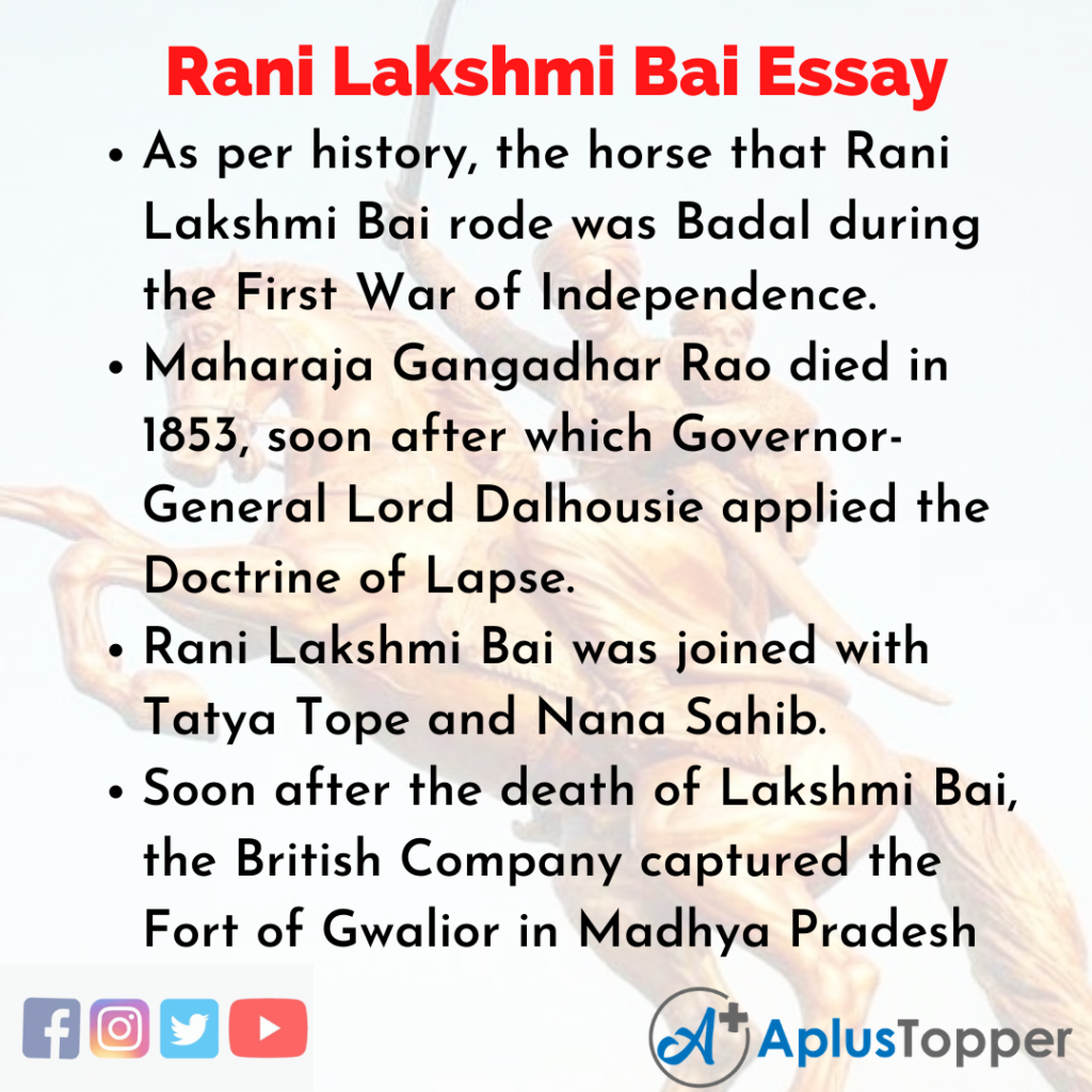 Essay on Rani Lakshmi Bai in English for Students & Children