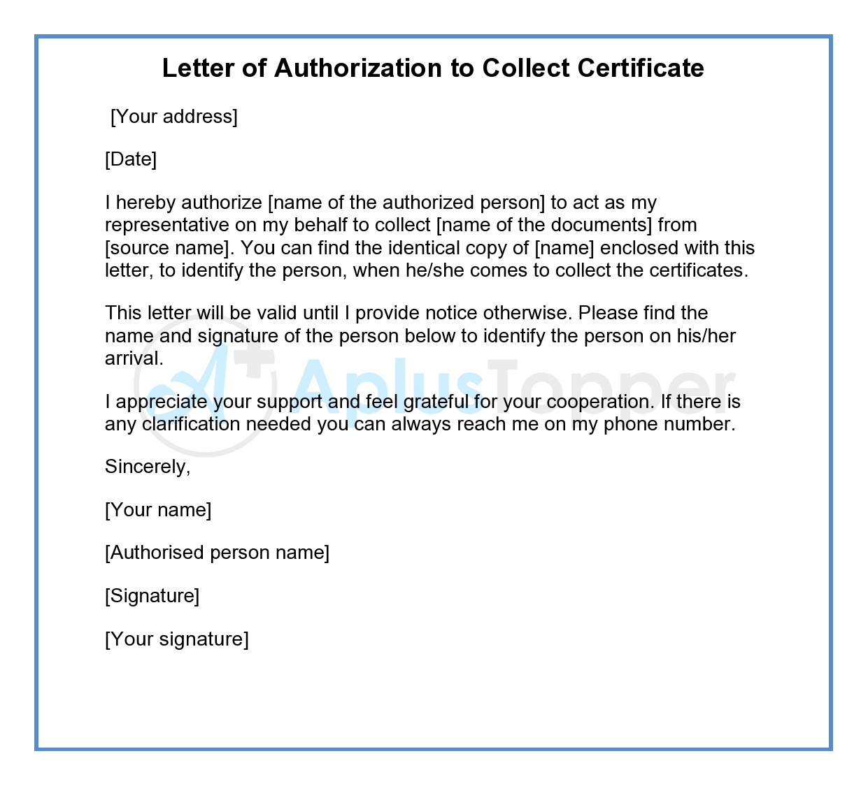Letter of Authorization to Collect Certificate