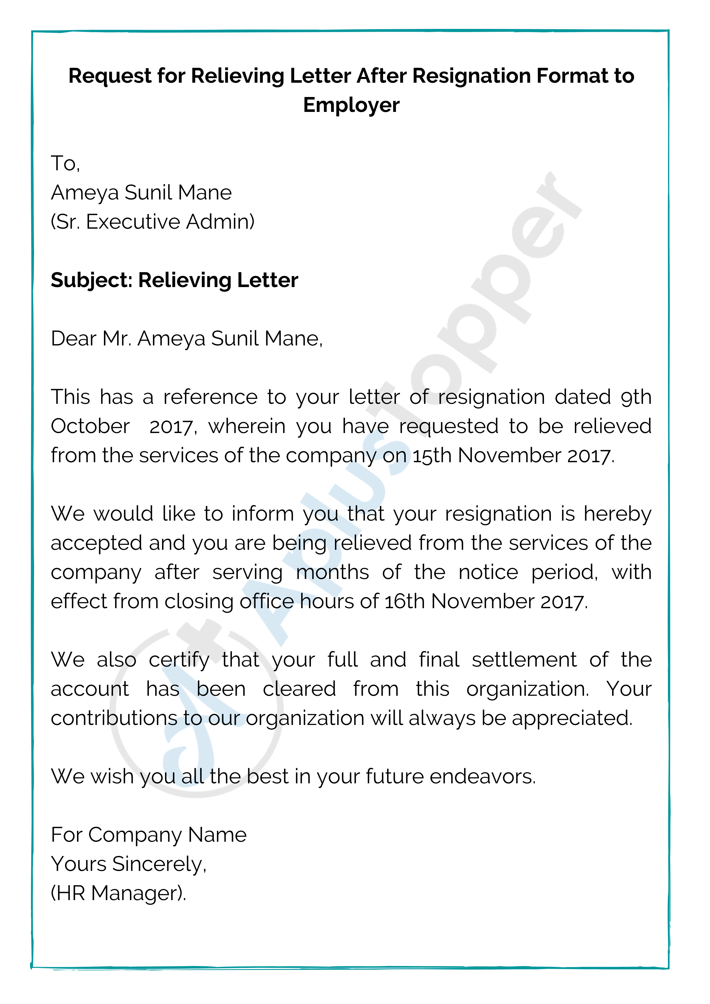 Request for Relieving Letter After Resignation Format to Employer