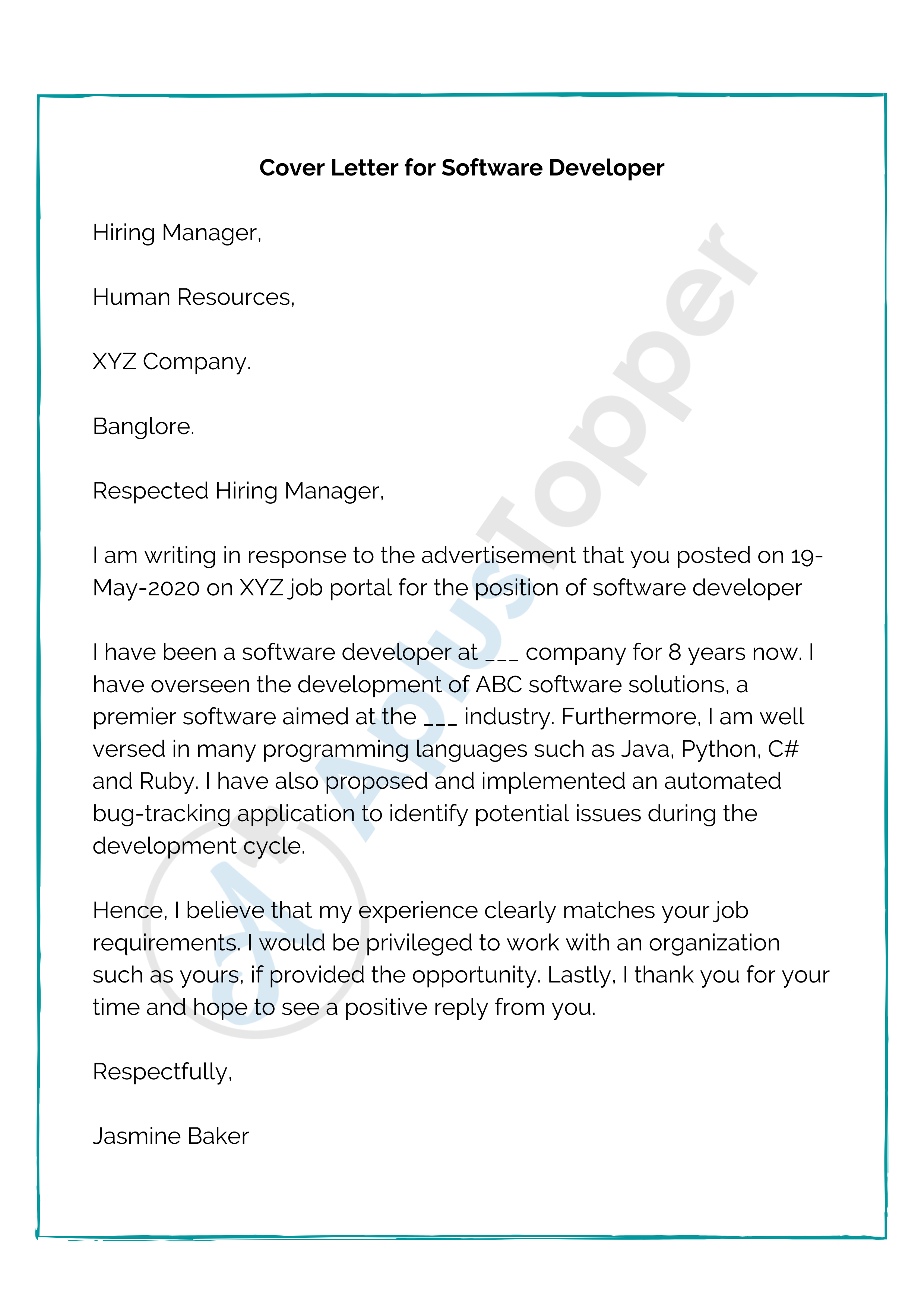 cover letter sample for job application software developer