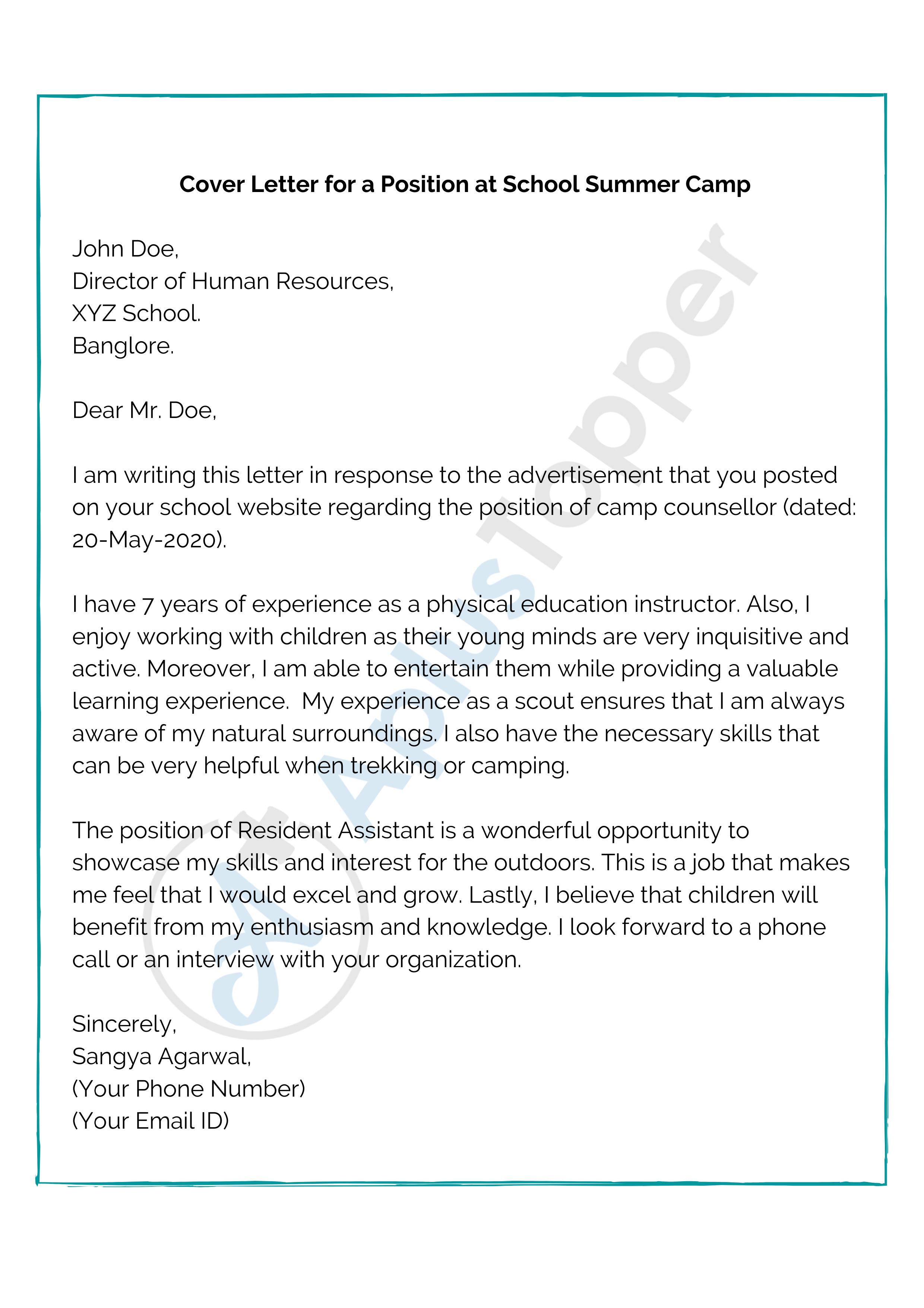 cover letter for summer school teacher