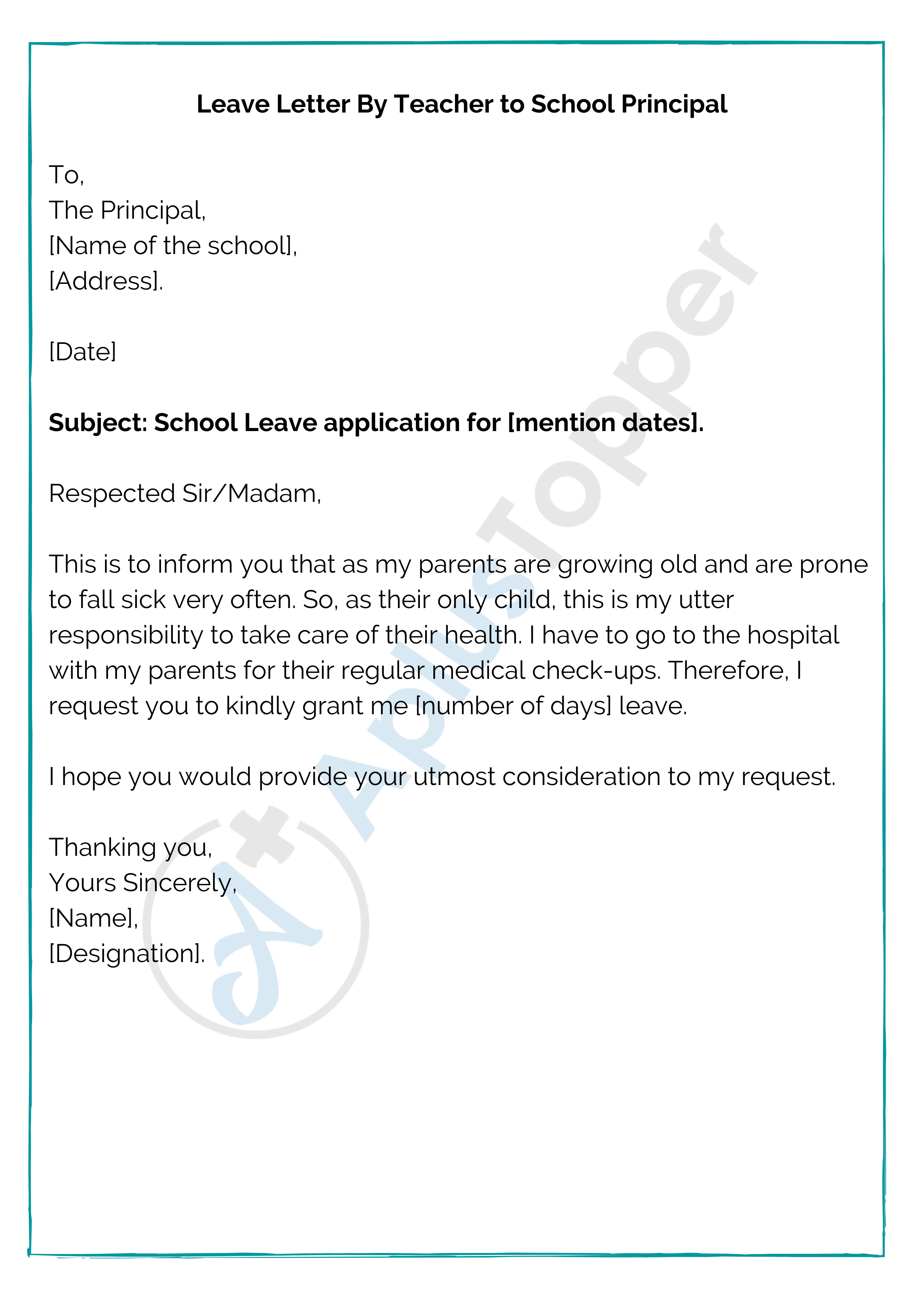 leave application letter to principal by teacher