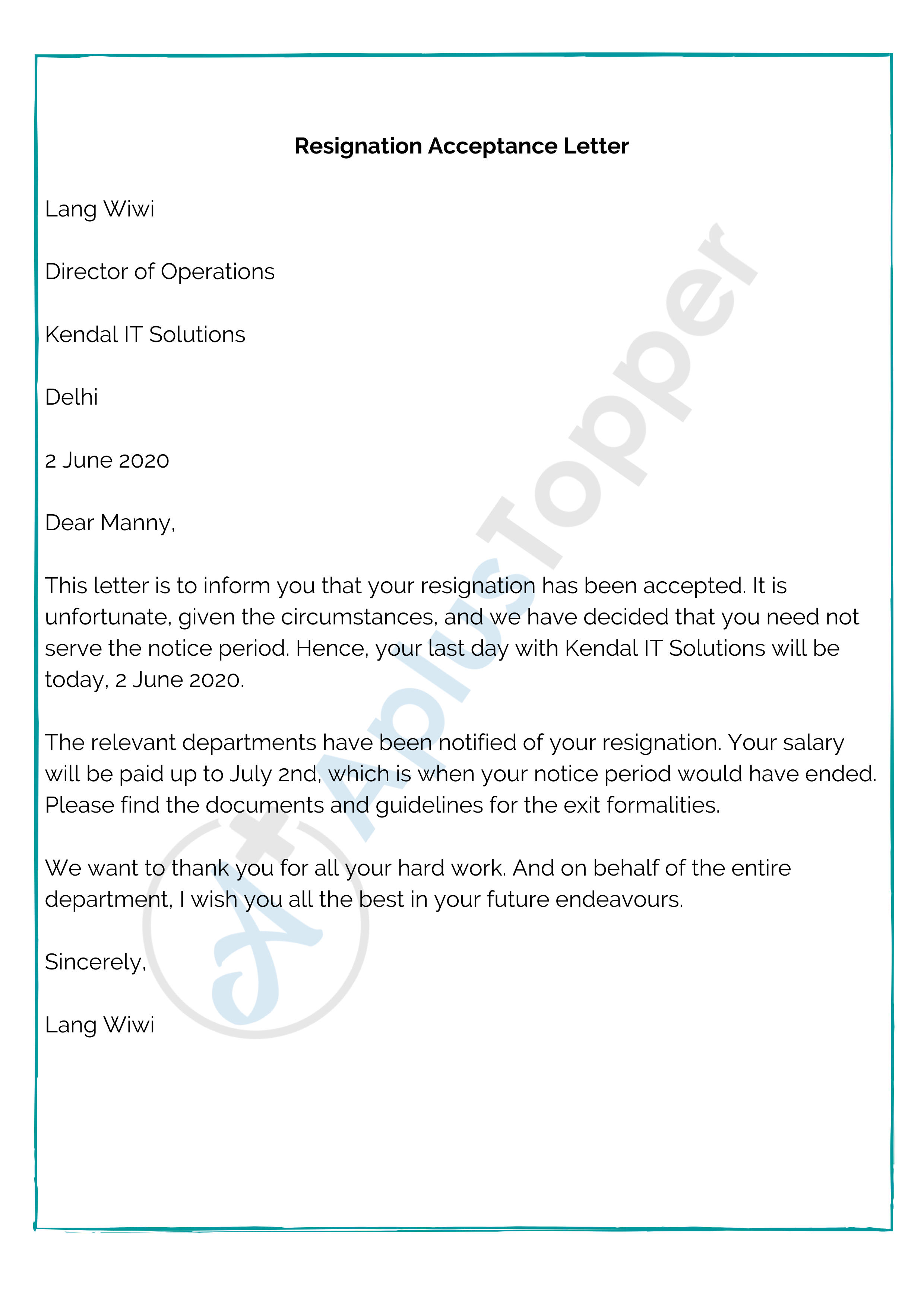 Resignation Acceptance Letter (Employee Does Not Serve Notice Period)