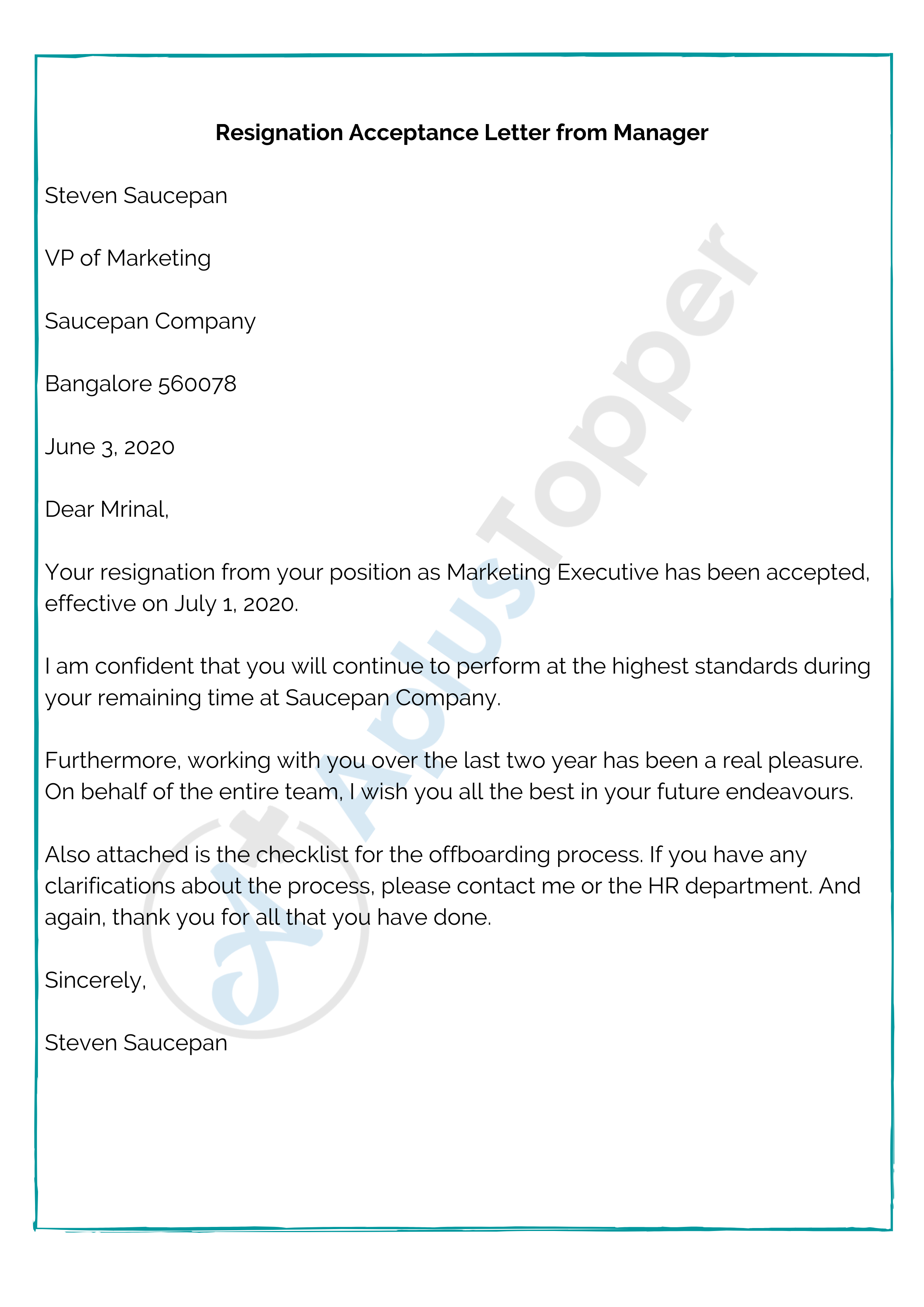 Resignation Acceptance Letter From Manager
