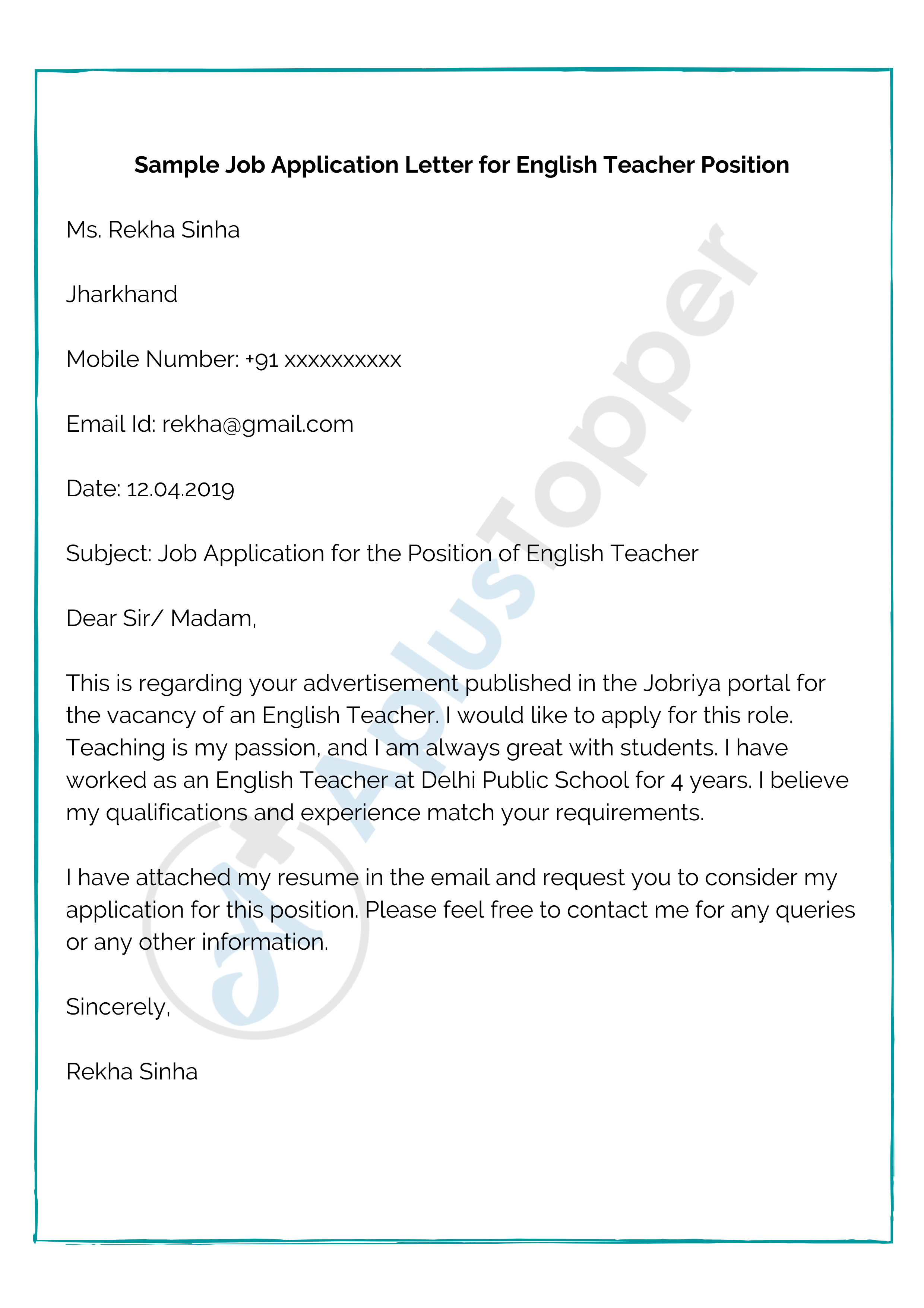 Sample Job Application Letter for English Teacher Position