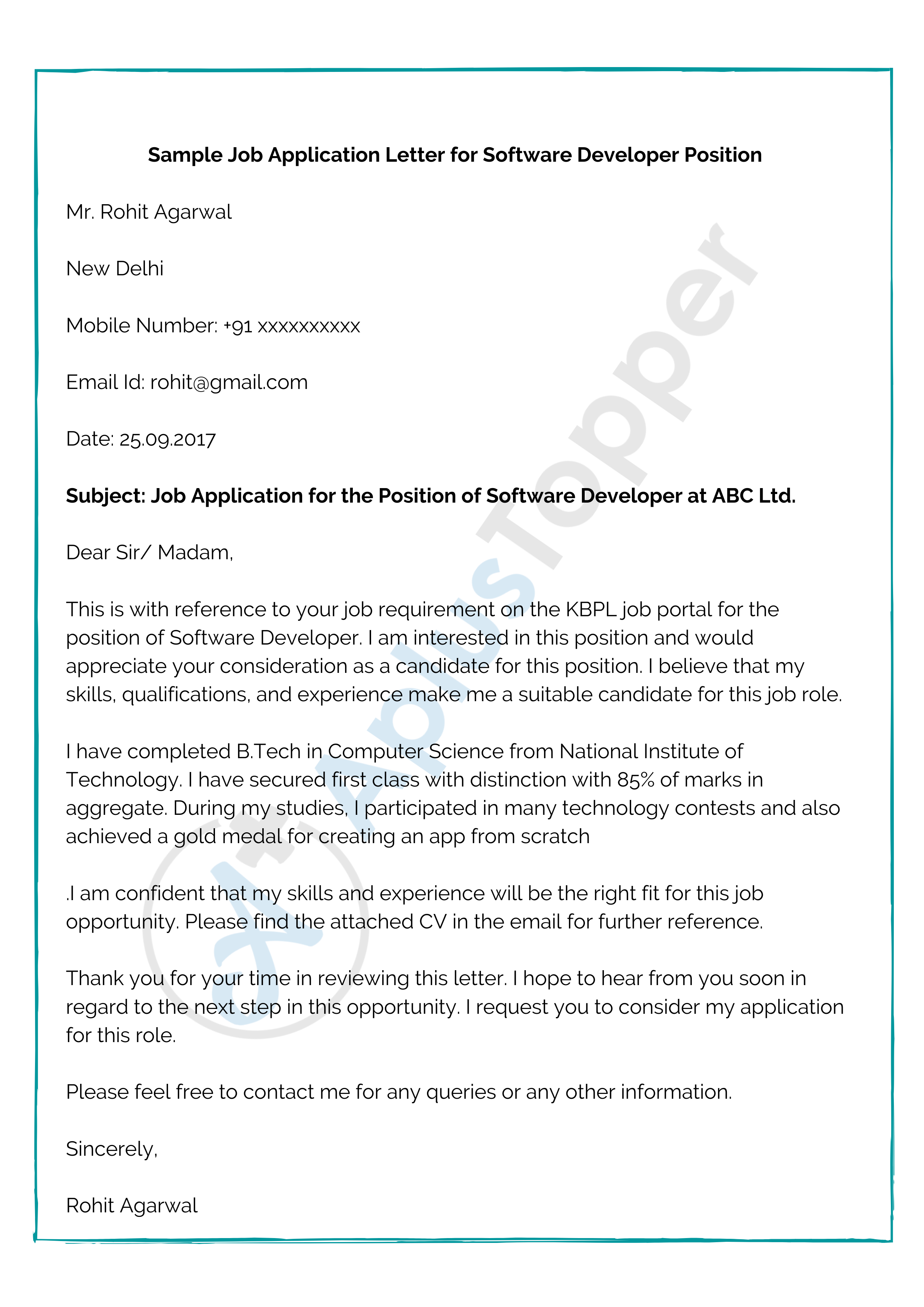 Sample Job Application Letter for Software Developer Position