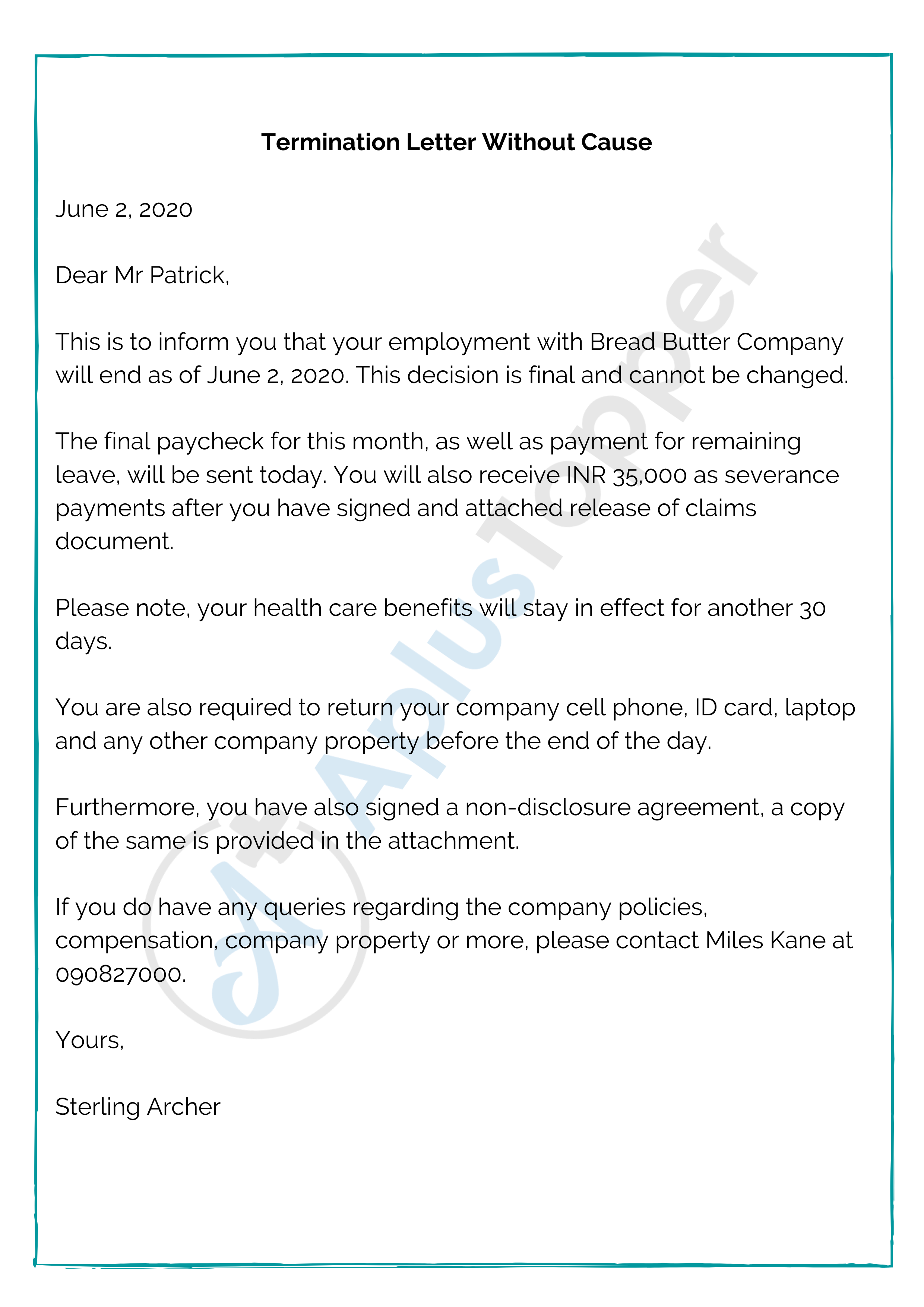 Termination Letter WithOut Clause