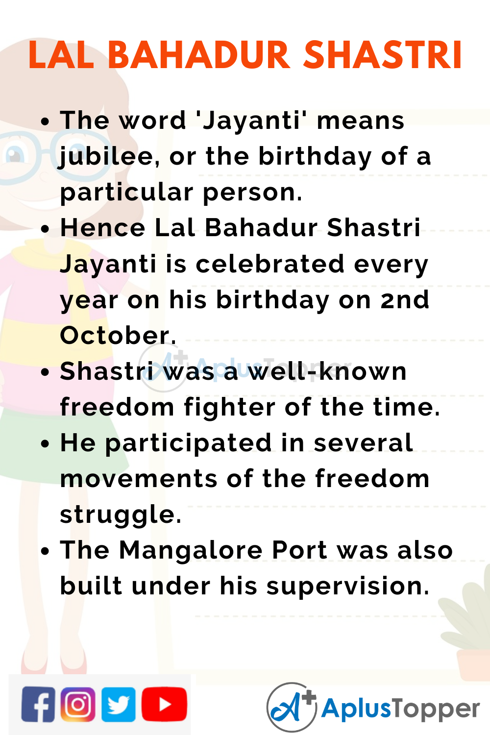 10 Lines On Lal Bahadur Shastri Jayanti for Kids