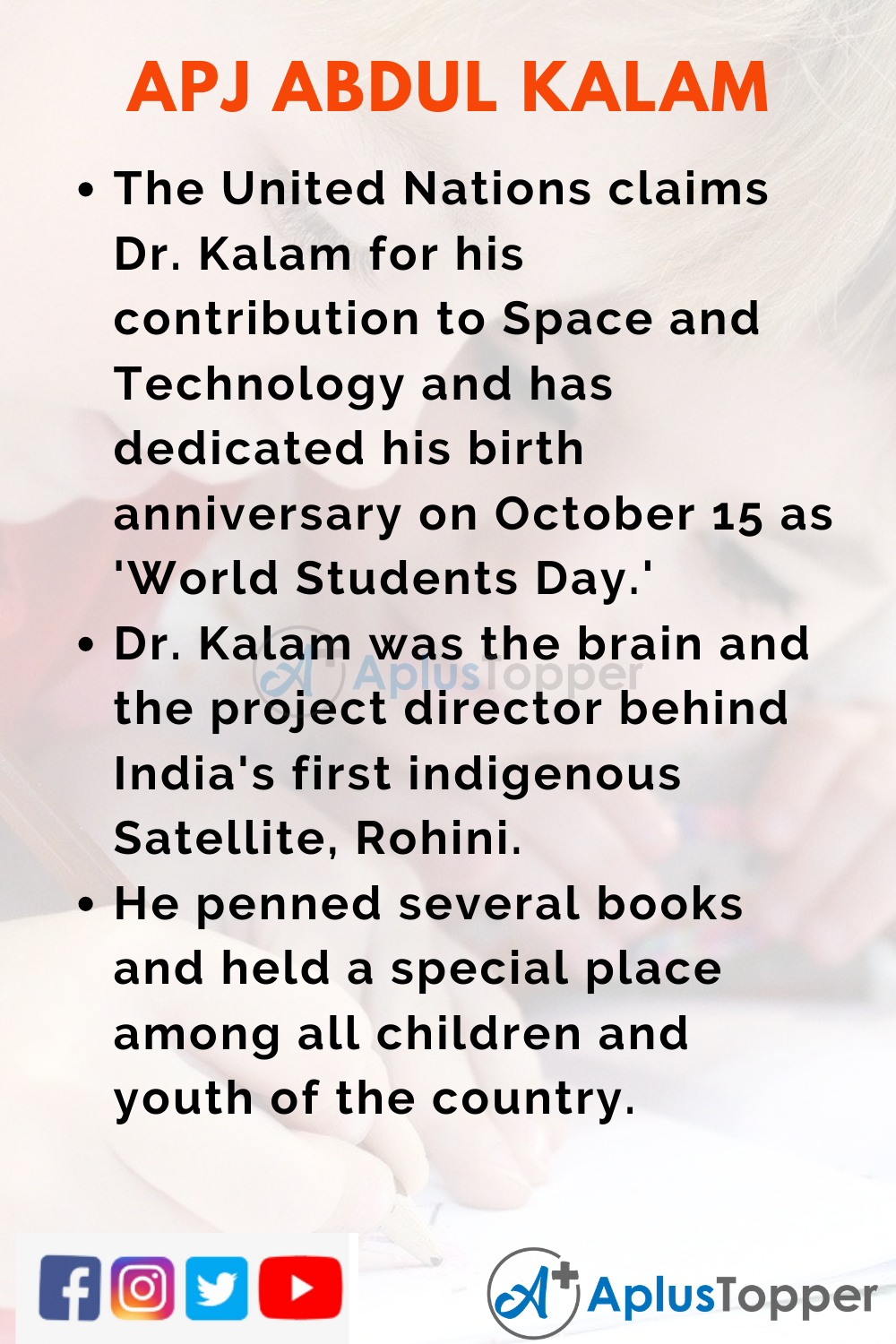 10 Lines on Birth Anniversary of A.P.J Abdul Kalam for Higher Class Students