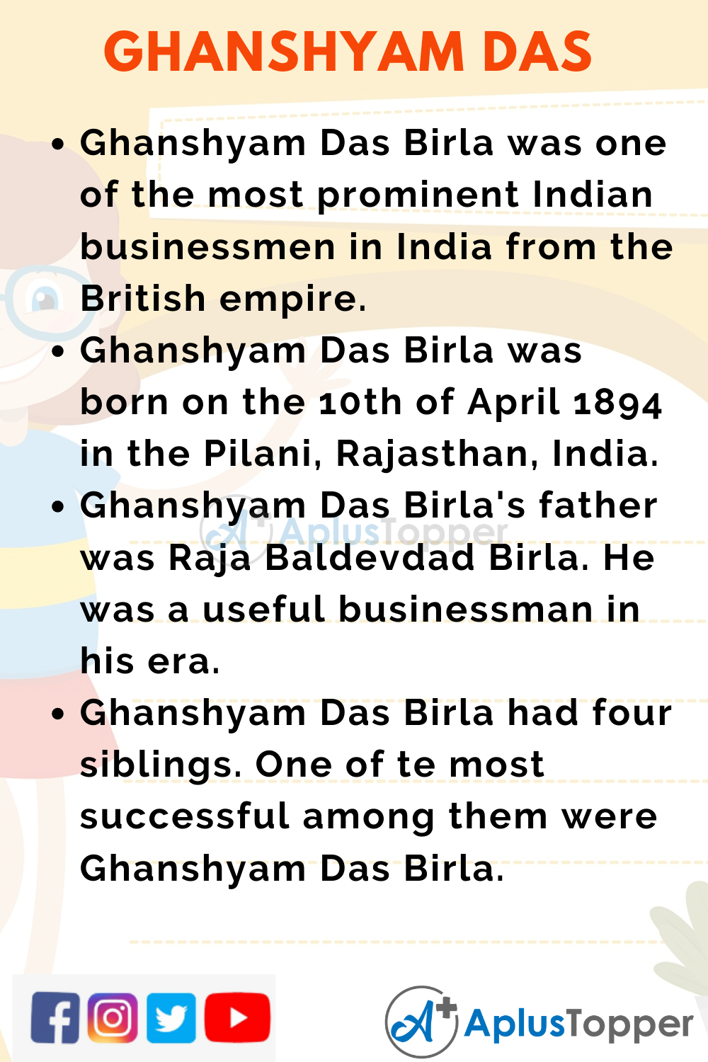 10 Lines on Ghanshyam Das Birla for Kids
