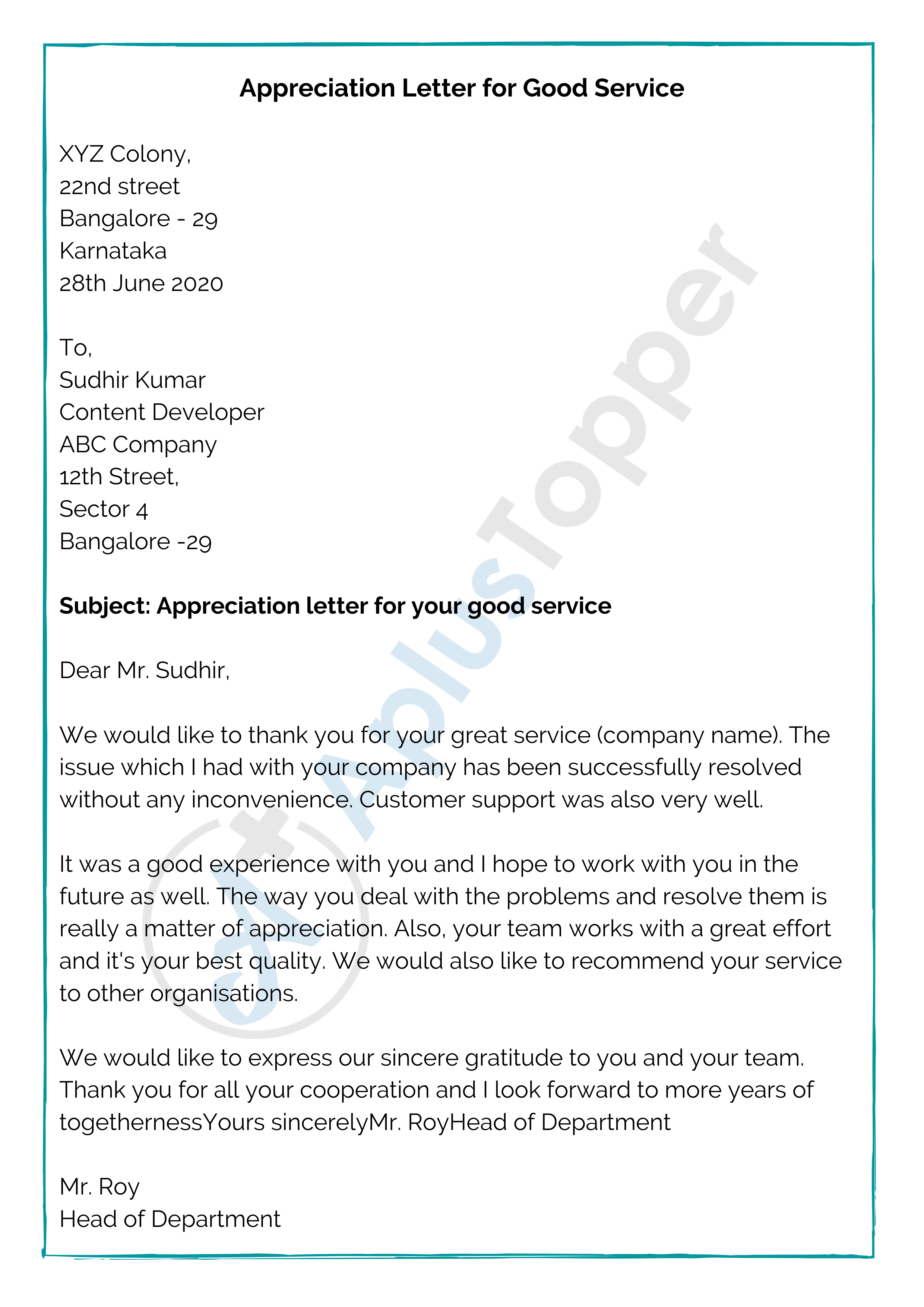 Appreciation Letter for Good Service