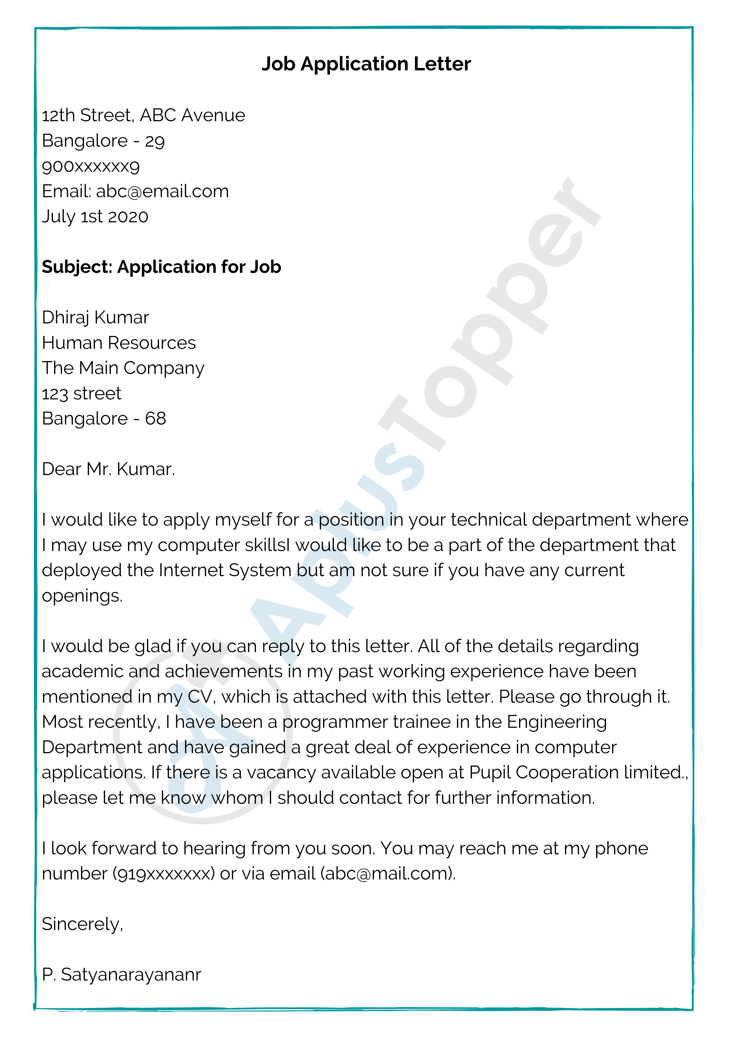 informal job application letter example