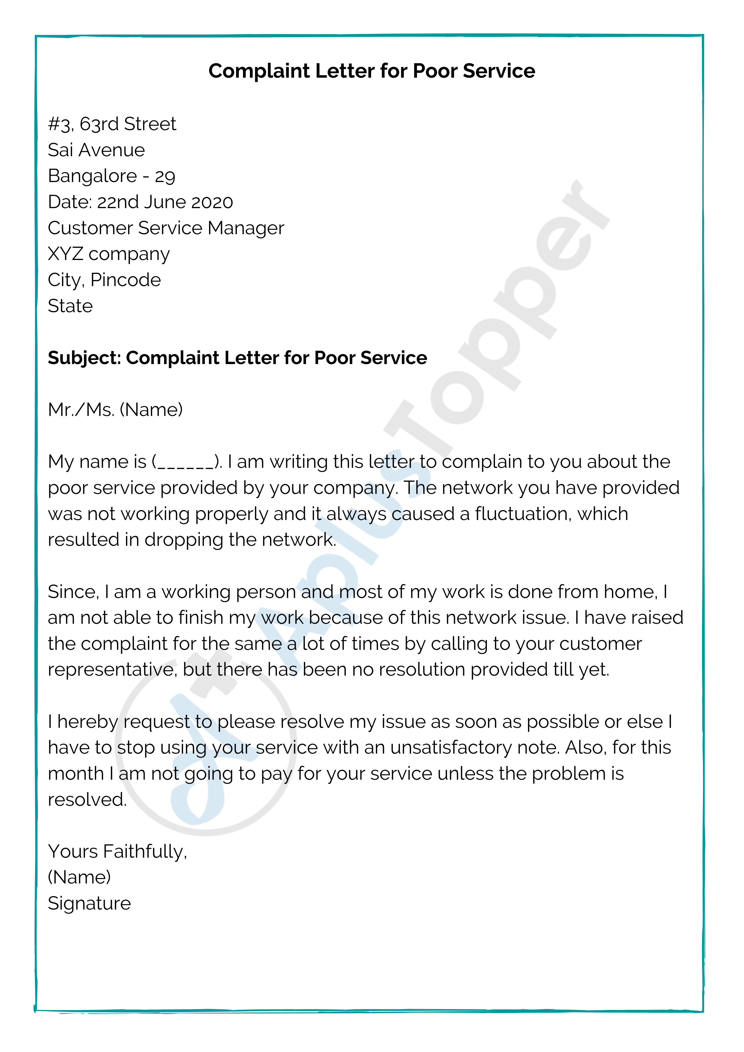 Complaint Letter for Poor Service