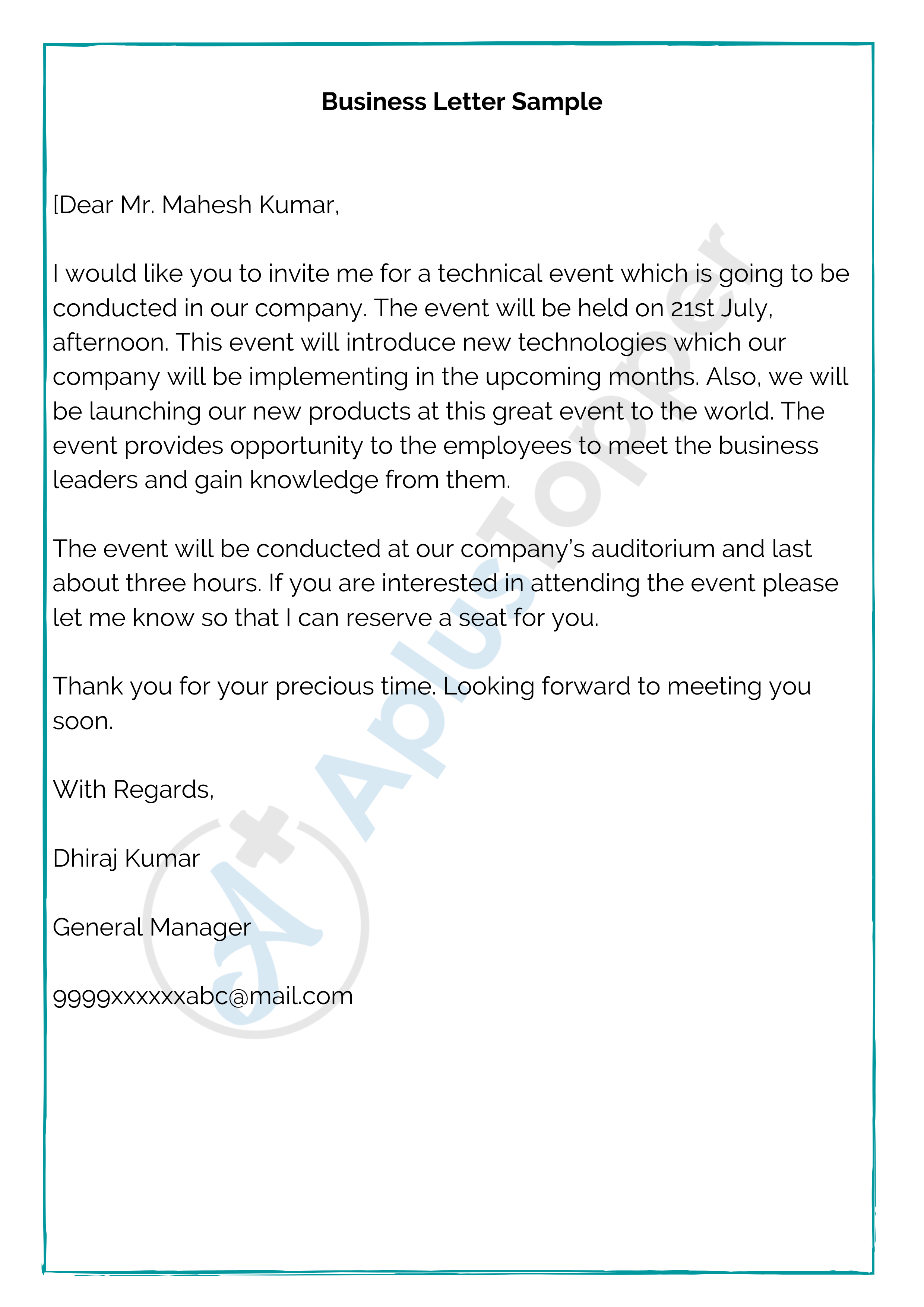 Business Letter Format Samples How To Write Business Letter A Plus Topper