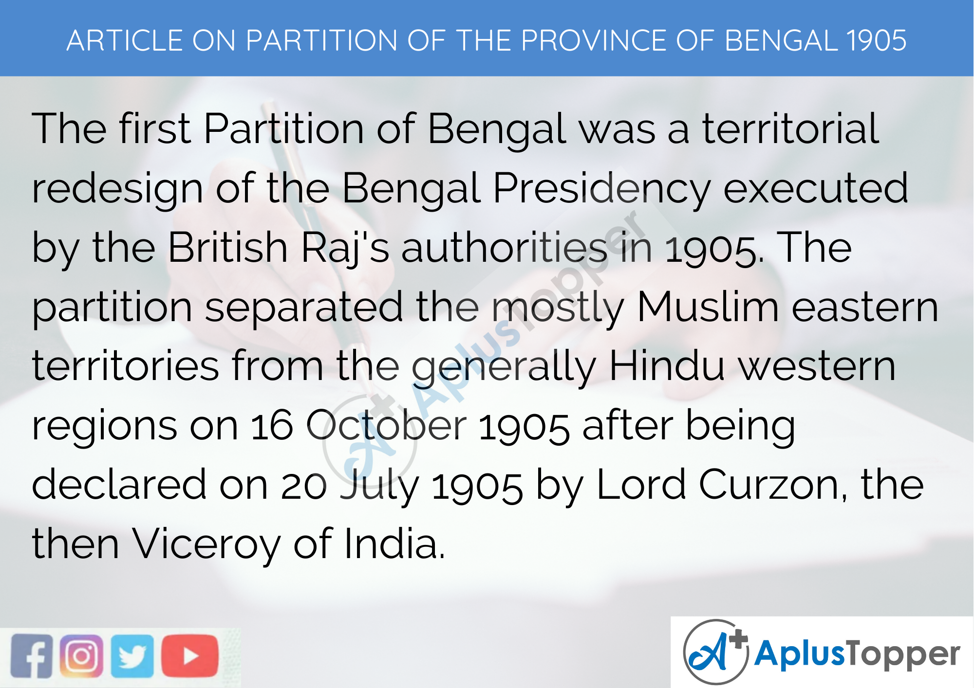 Long Article On Partition of the Province of Bengal 1905 In English 500 Words