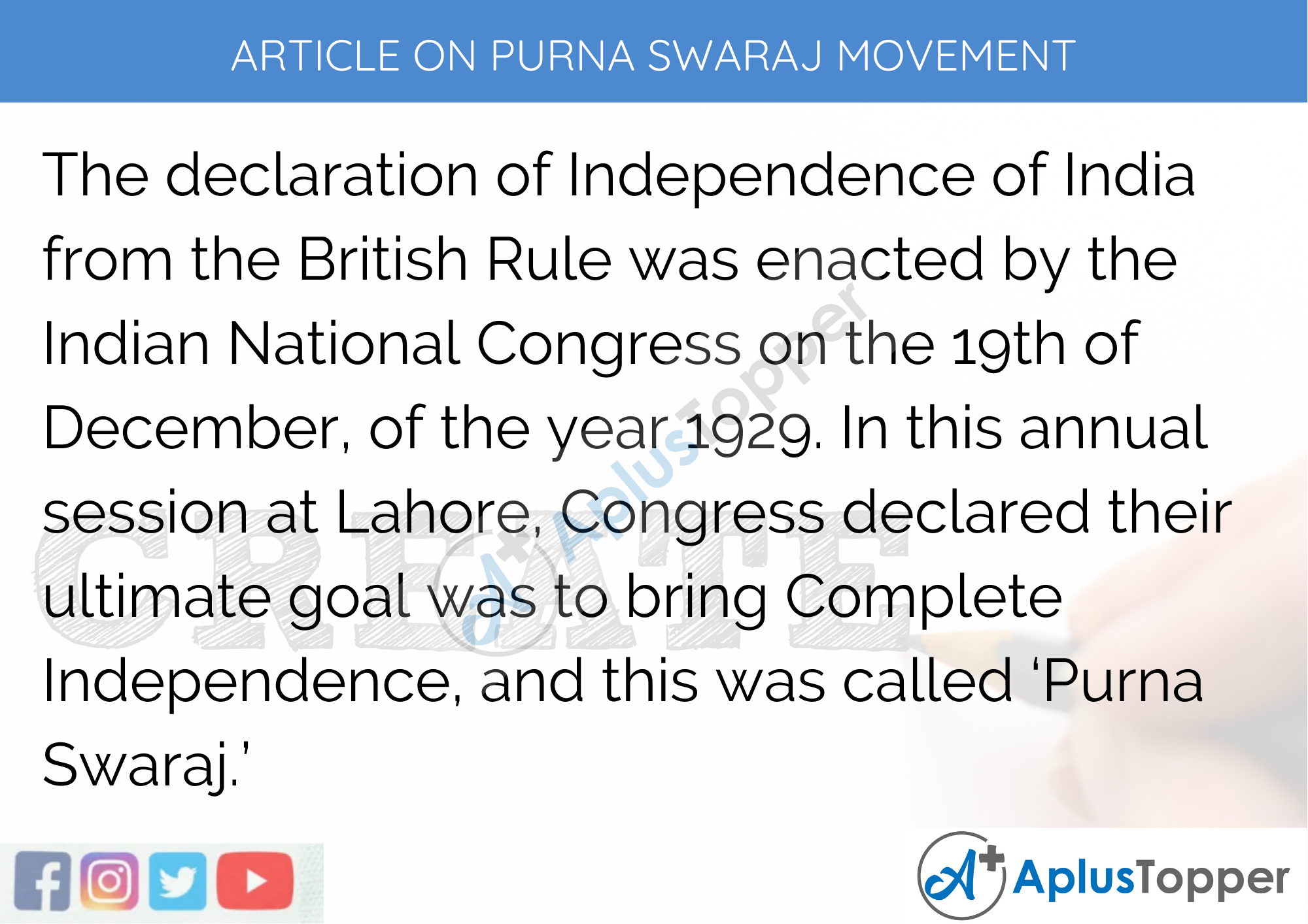 Long Article On Purna Swaraj Movement 500 Words In English