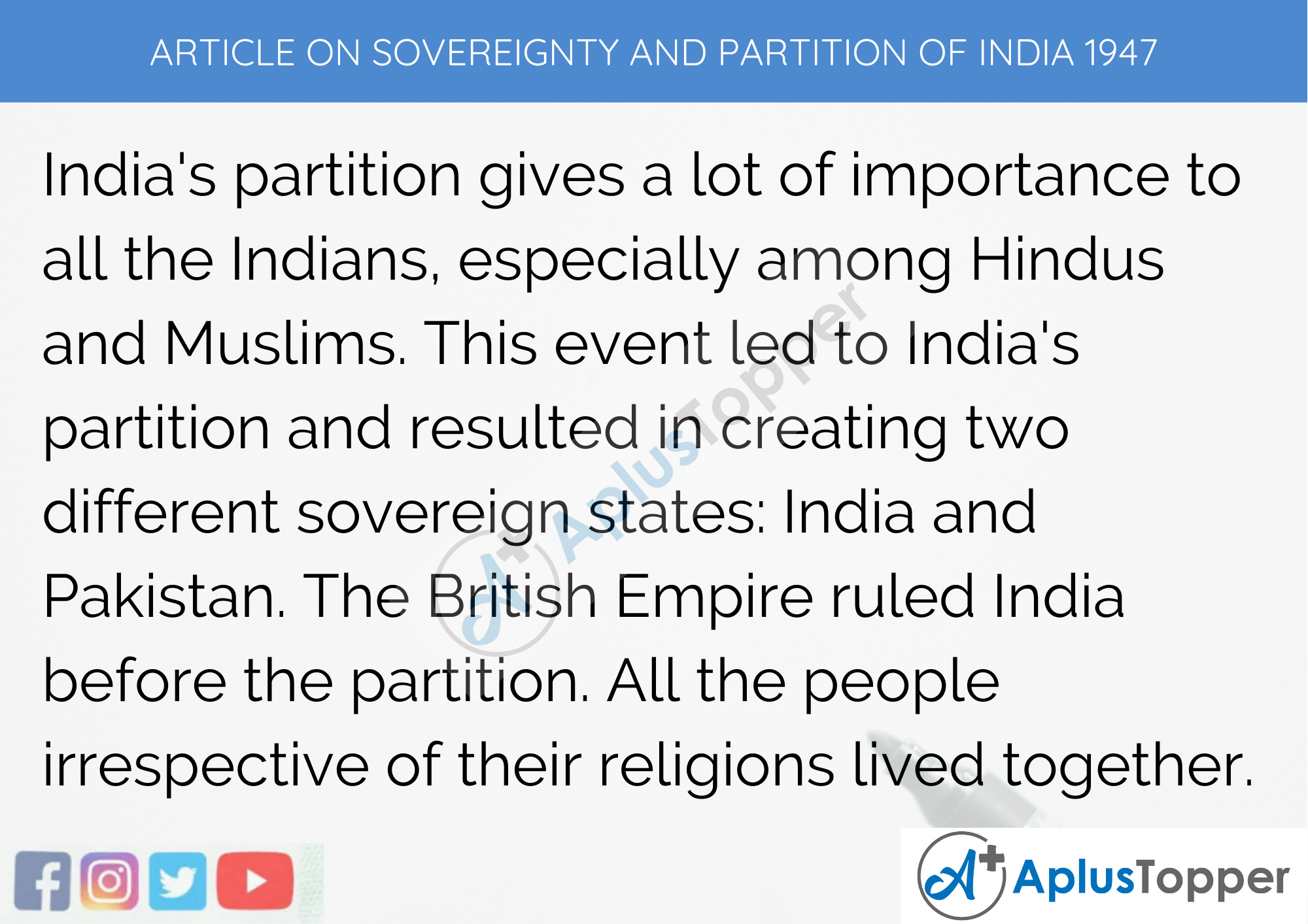 Long Article On Sovereignty and Partition Of India 1947 500 Words