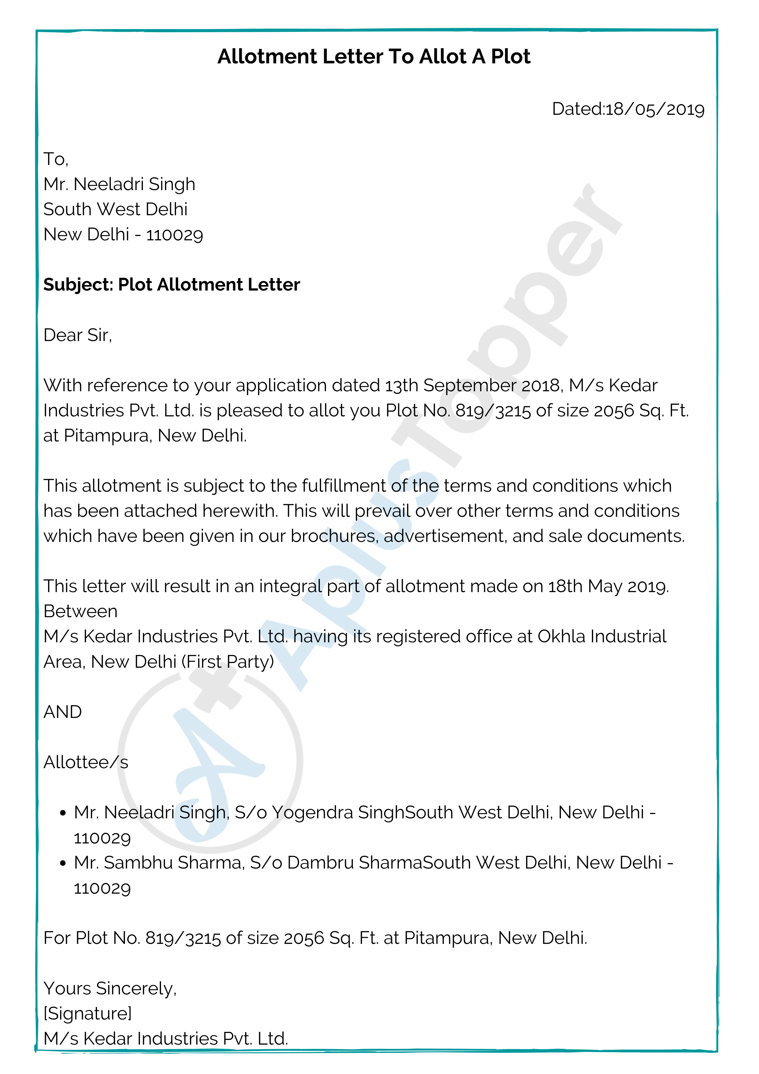 Sample Allotment Letter To Allot A Plot