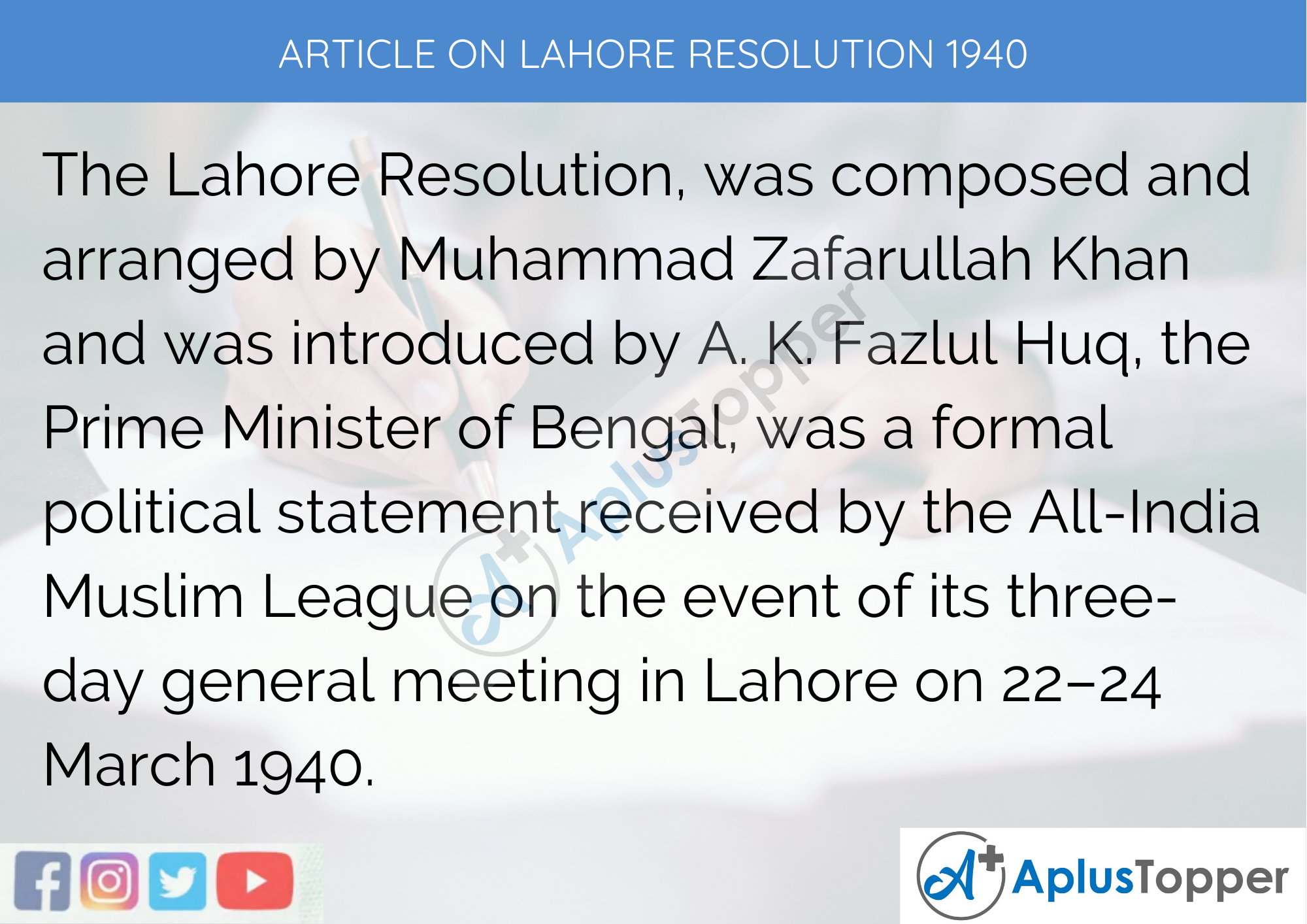 Short Article On Lahore Resolution 1940 300 Words in English