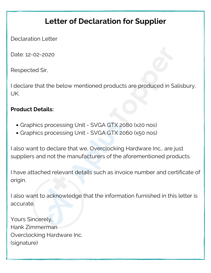 Letter of Declaration for Supplier
