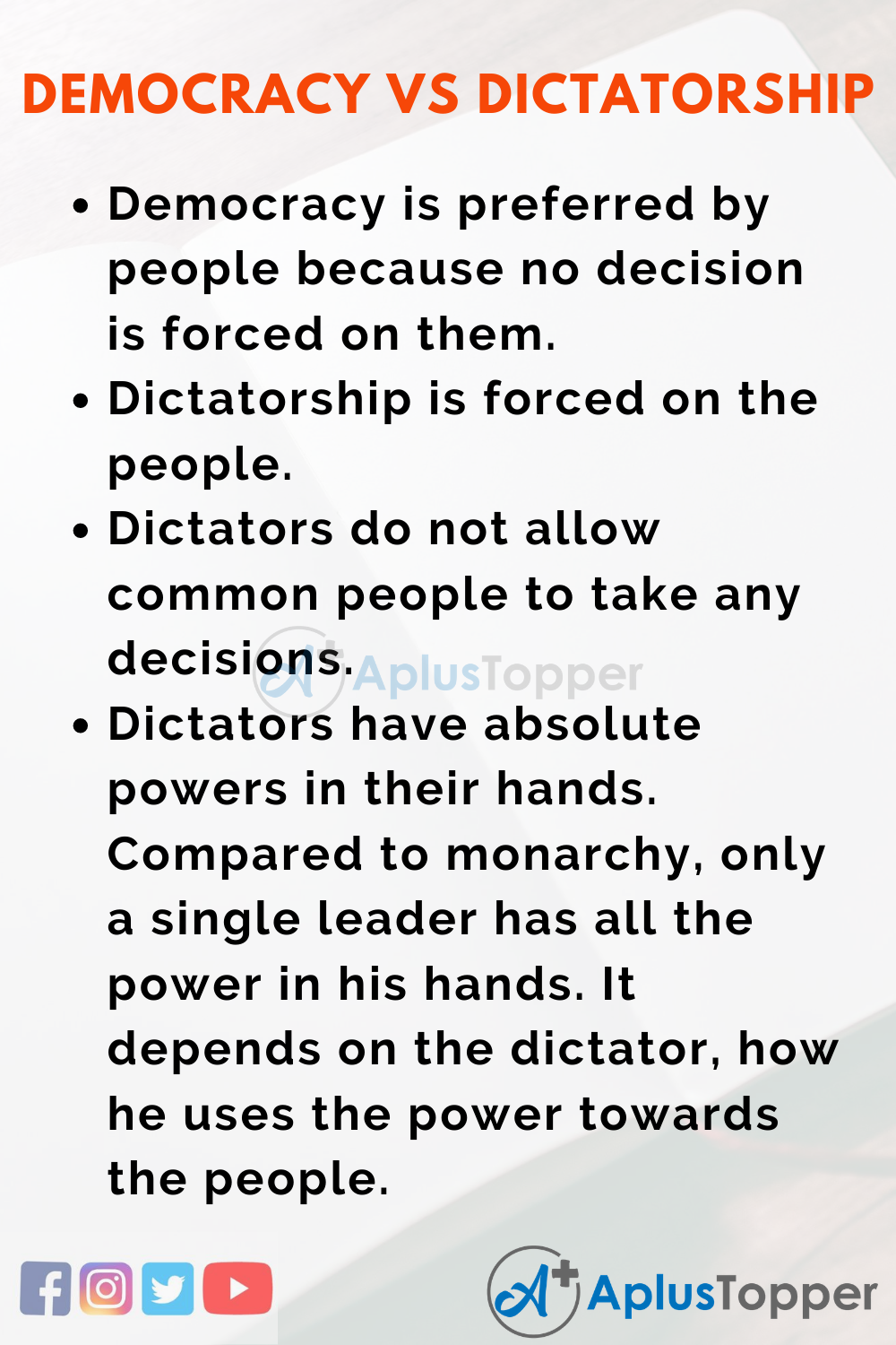 Short Speech On Democracy Vs. Dictatorship 150 Words In English
