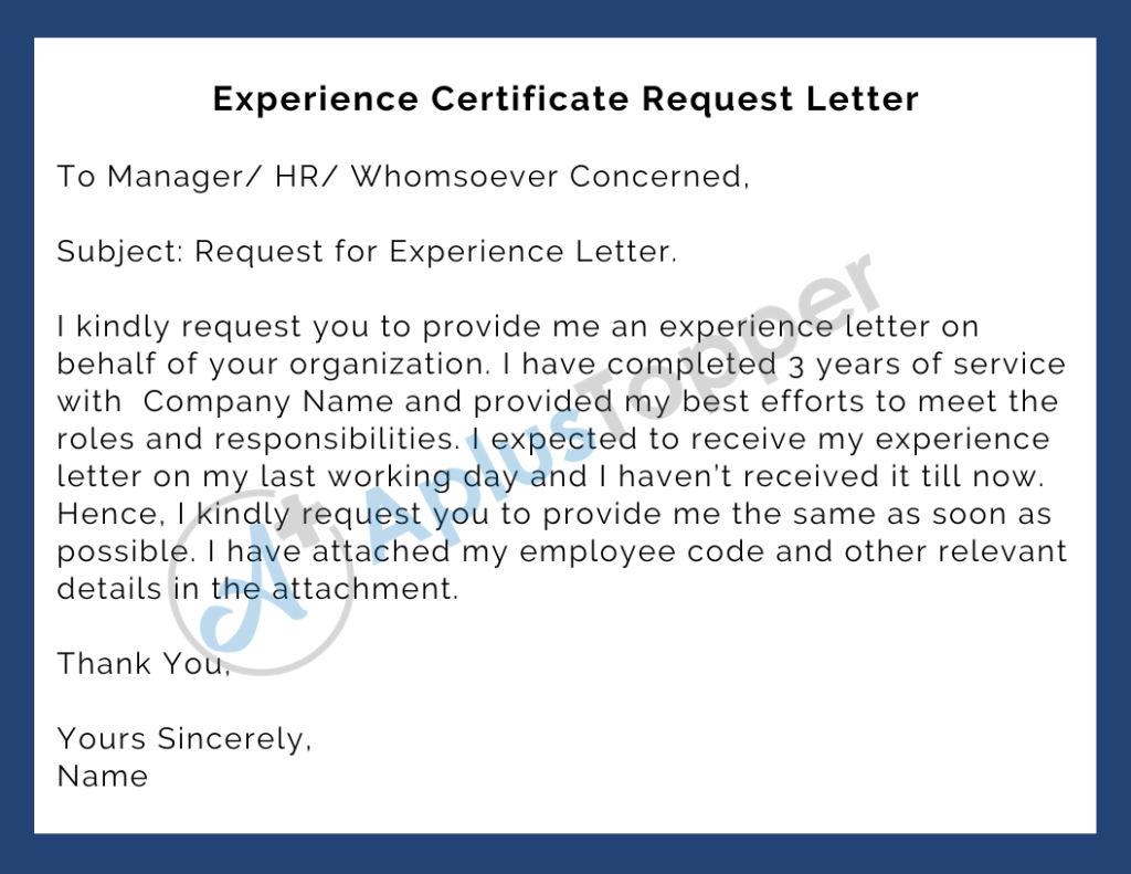 how write application letter for experience certificate