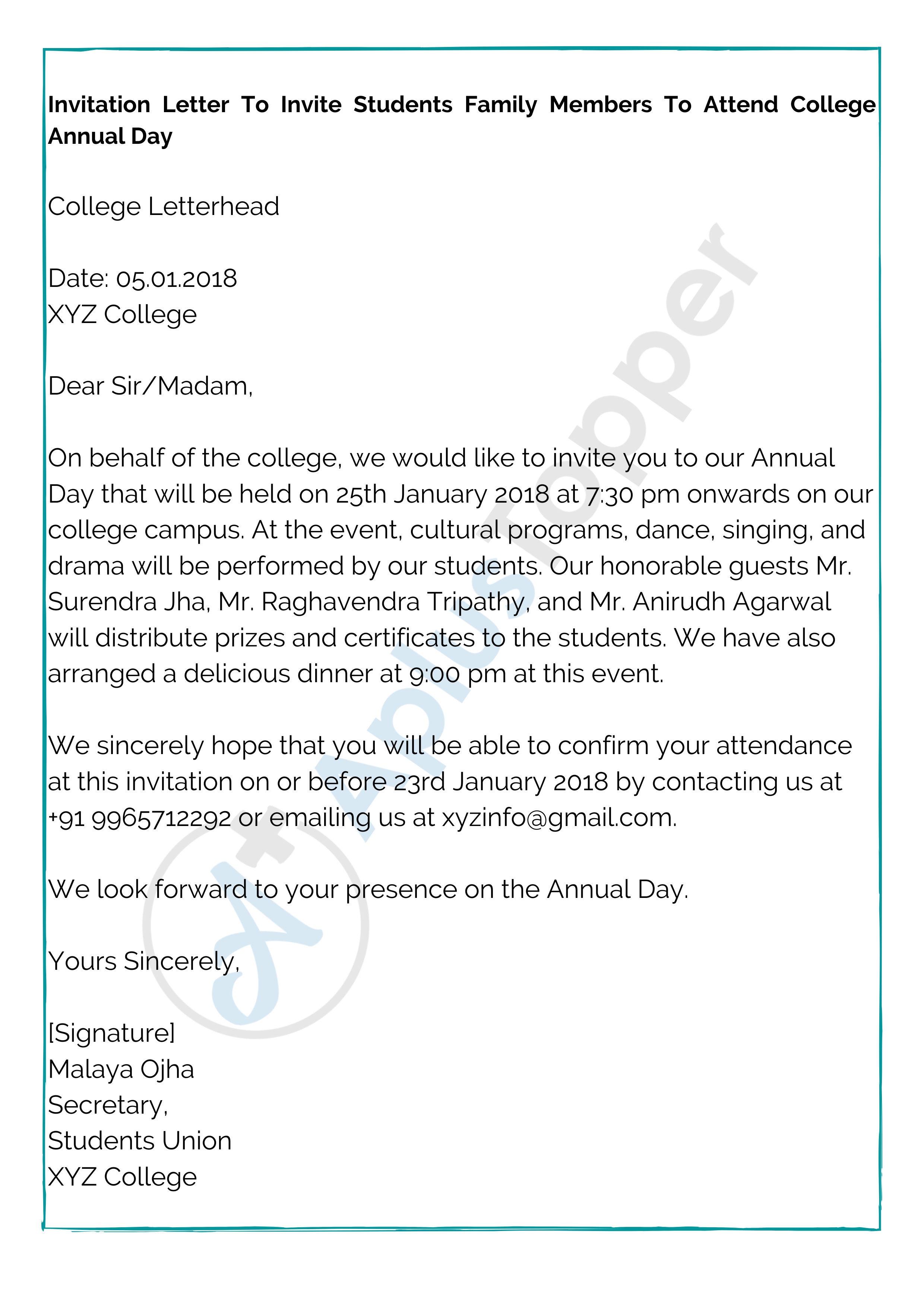 Invitation Letter To Invite Students Family Members To Attend College Annual Day