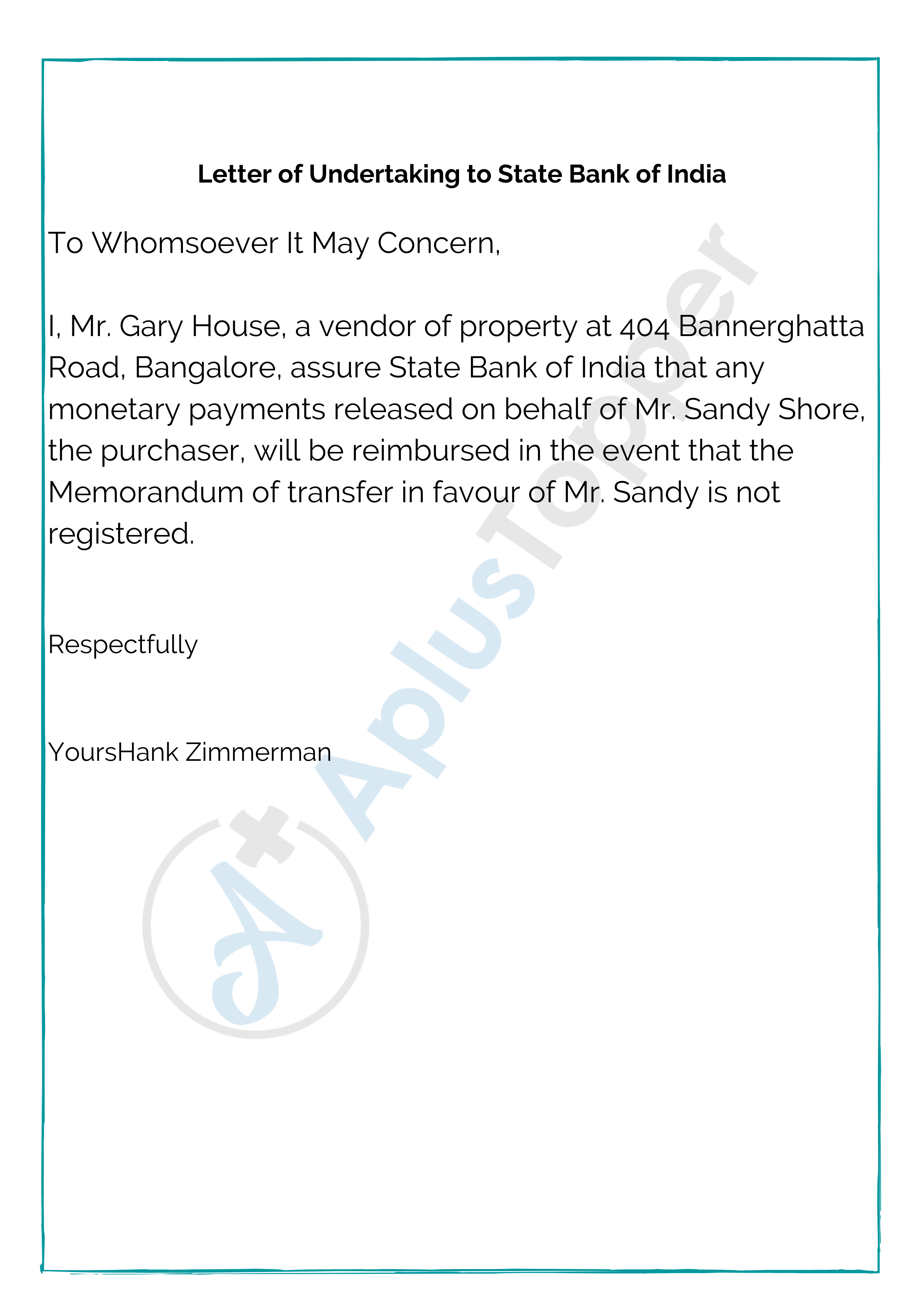 Letter of Undertaking to State Bank of India
