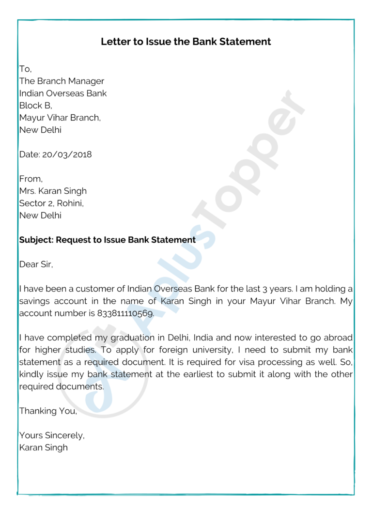 application letter for account statement to bank