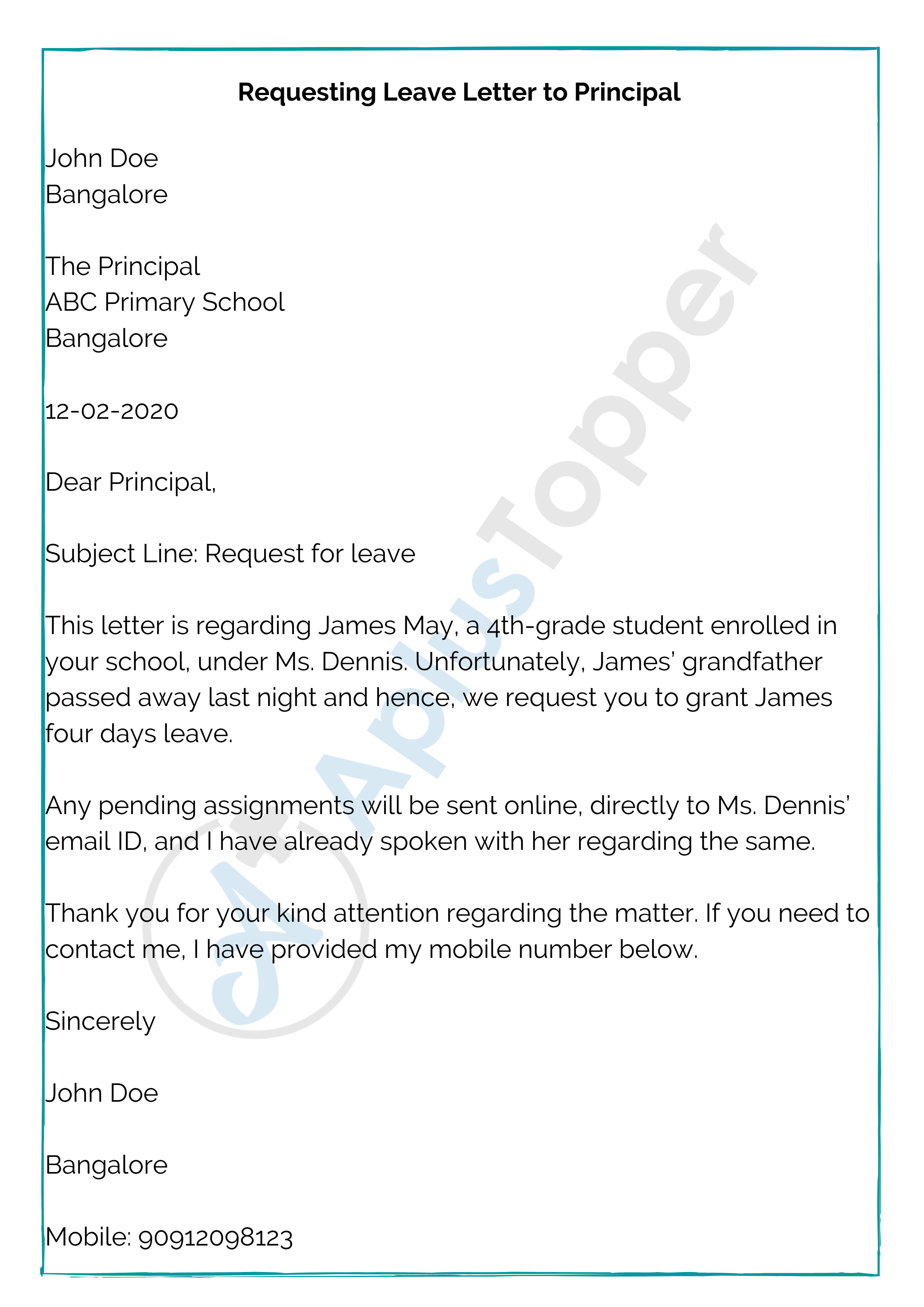 Letter To Principal | Format, Sample And How To Write An Letter To  Principal? - A Plus Topper