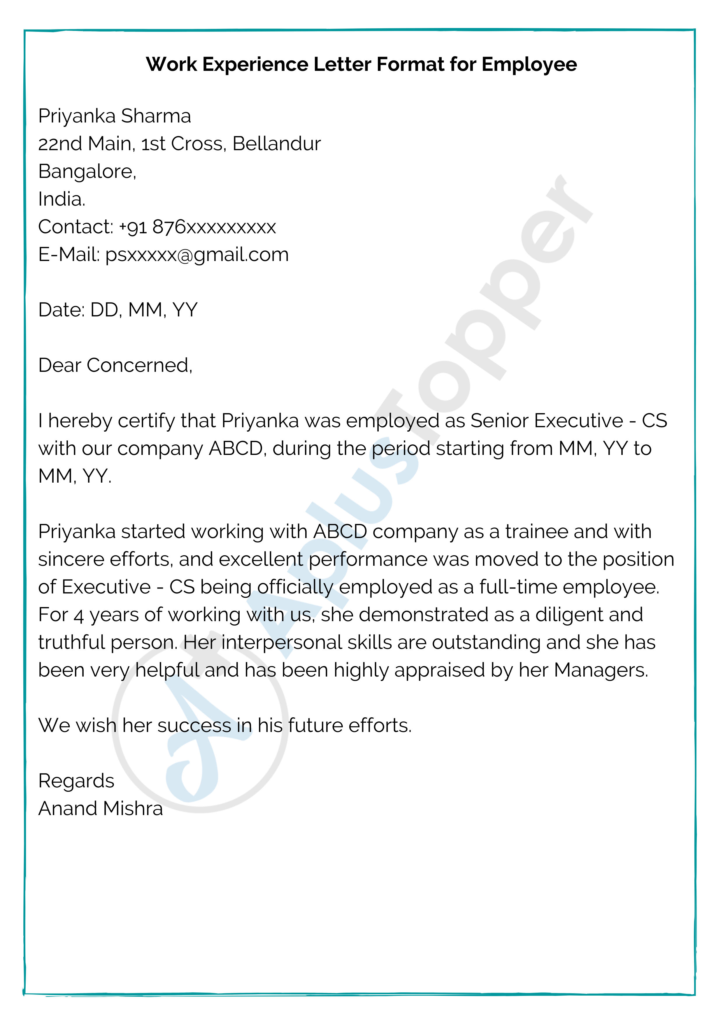 Work Experience Letter Format for Employee