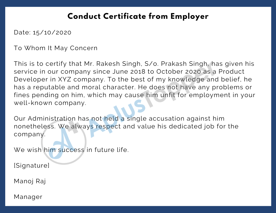 Conduct Certificate  Format, Samples and How To Write Conduct Intended For Good Conduct Certificate Template