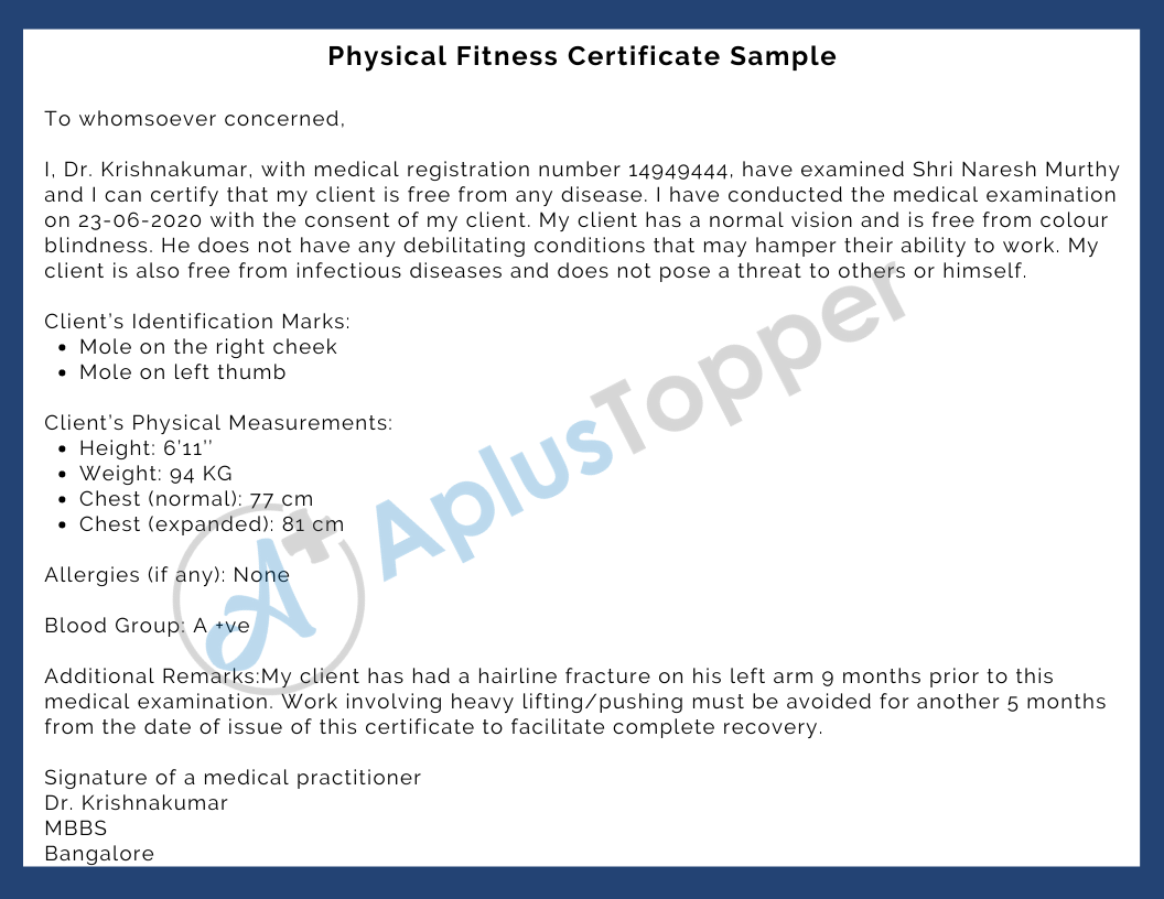 Physical Fitness Certificate Sample