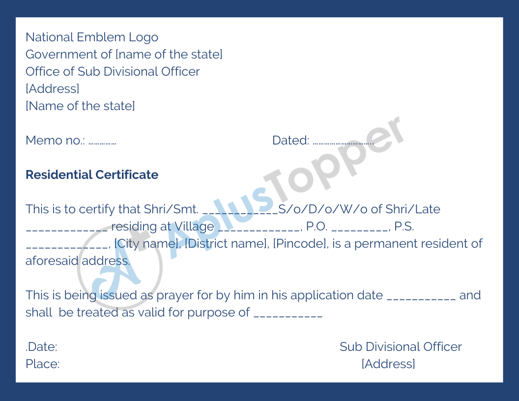 Residence Certificate Format
