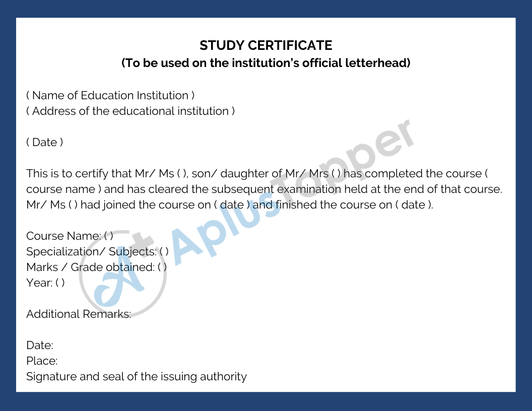 Study Certificate  Study Certificate Format, Application Letter