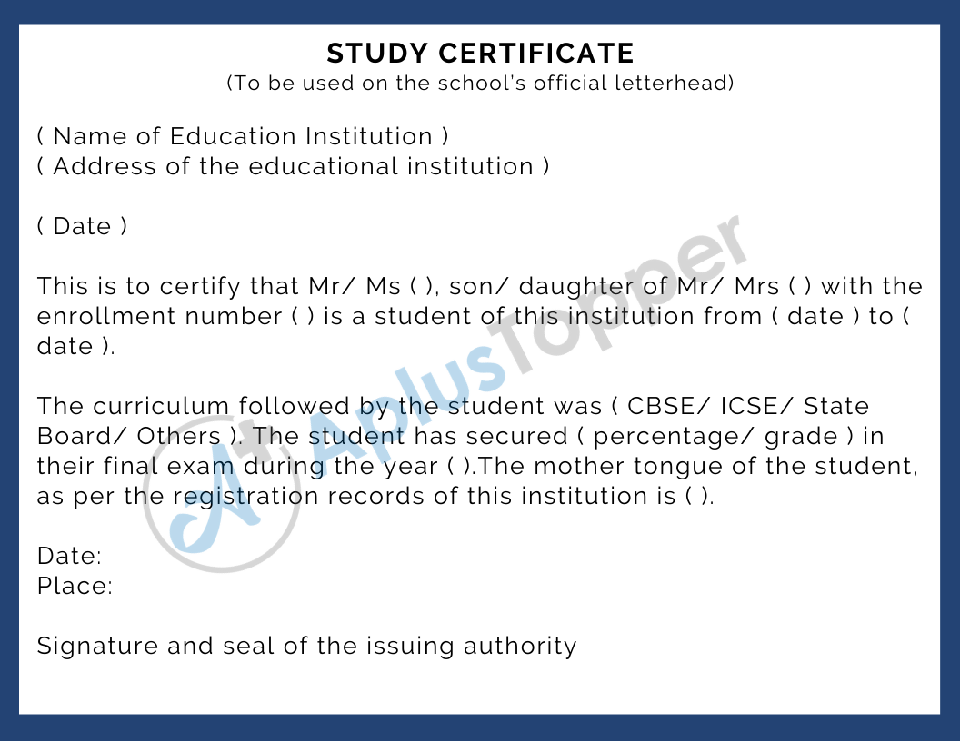 Study Certificate  Study Certificate Format, Application Letter