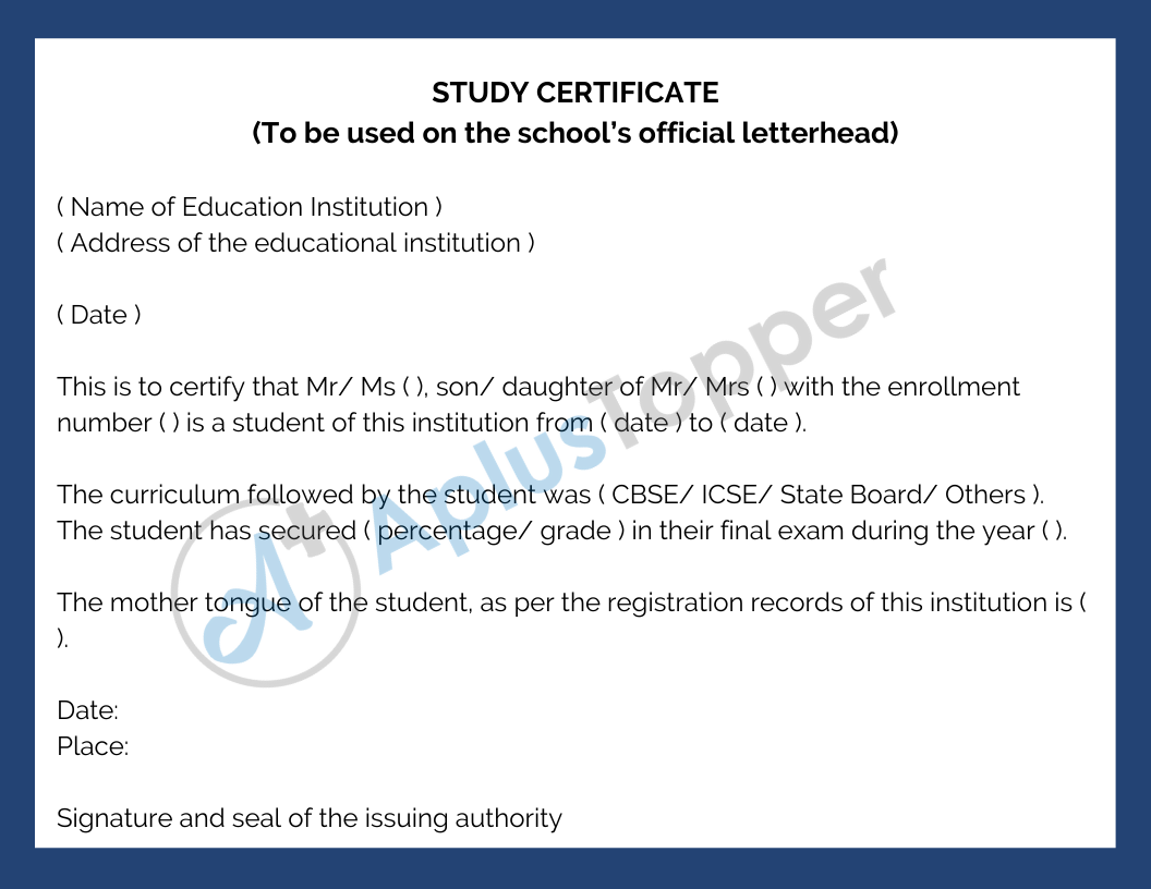 Study Certificate Format for Schools